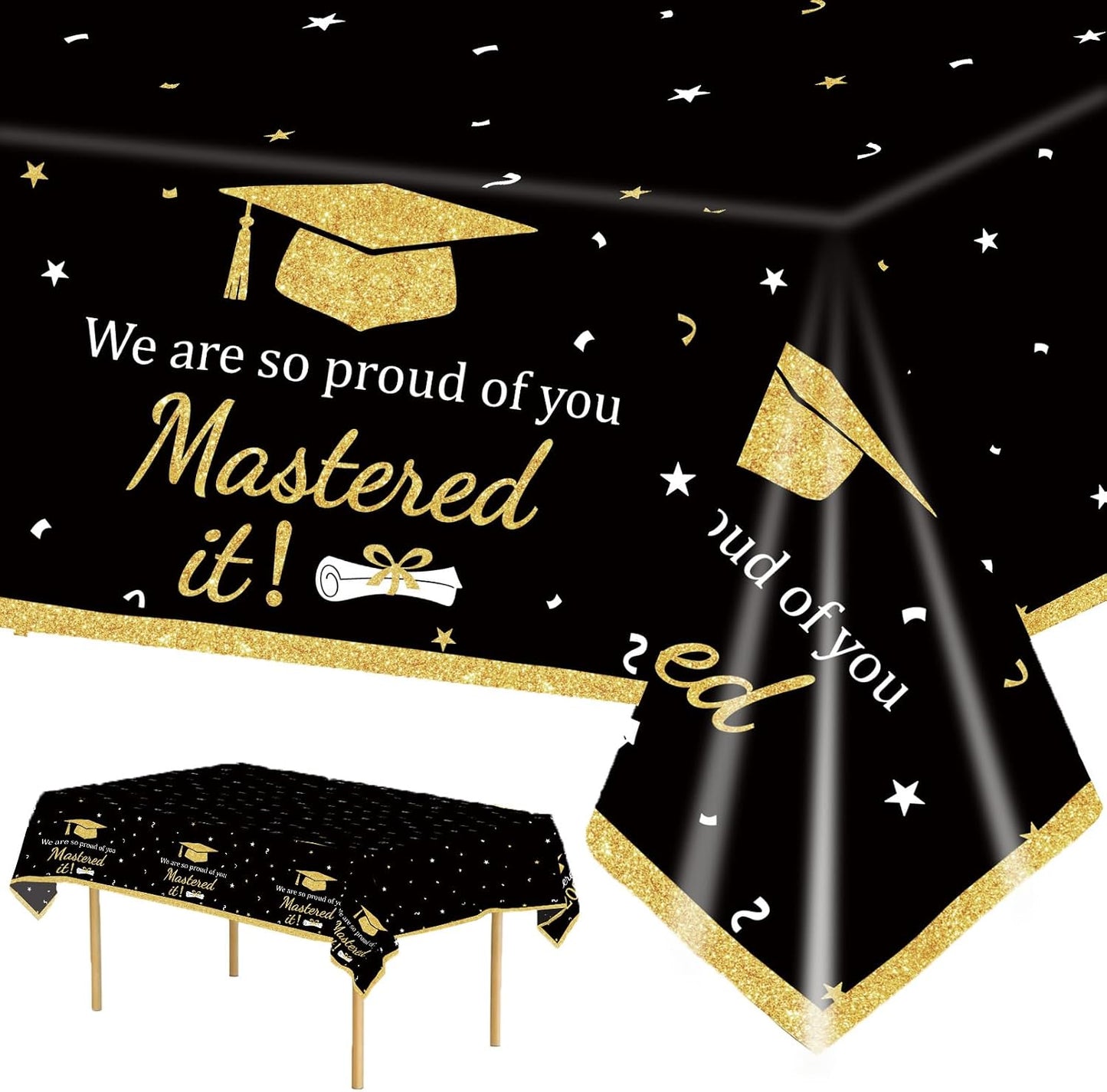 3PCS Mastered It Graduation Tablecloth Black Gold Congrats Grad Table Cover Plastic Master's Graduation Party Supplies for Class of 2026 Master College Disposable Decorations WN420