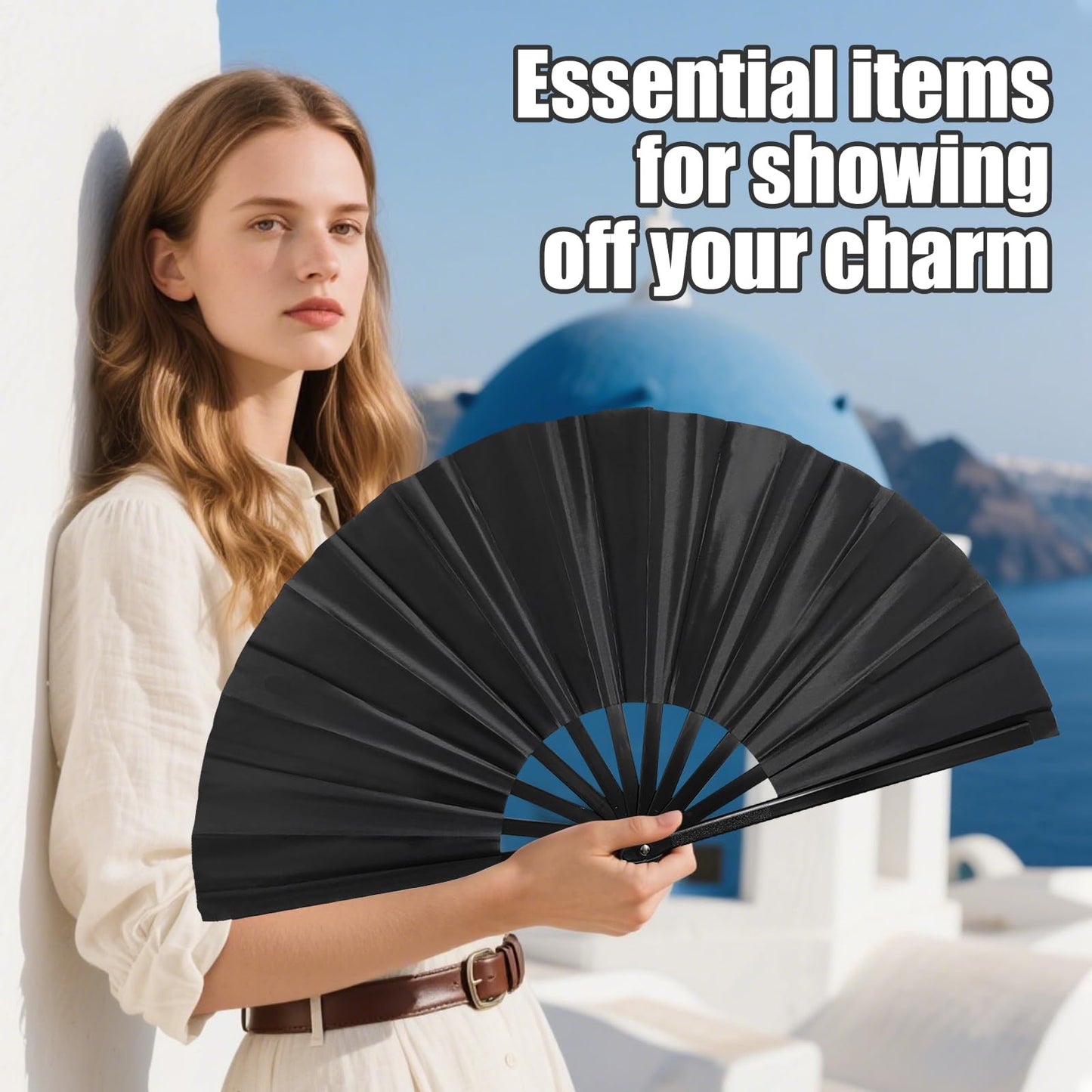Handheld Folding Fan 13 Inch, Hand Fans for Women Foldable, Large Rave Fan, Dance Performance Prop Fan, Boots on the Ground Fan, Cool Fan on the Street Portable for Outdoor (1 Pcs Rose) WN420