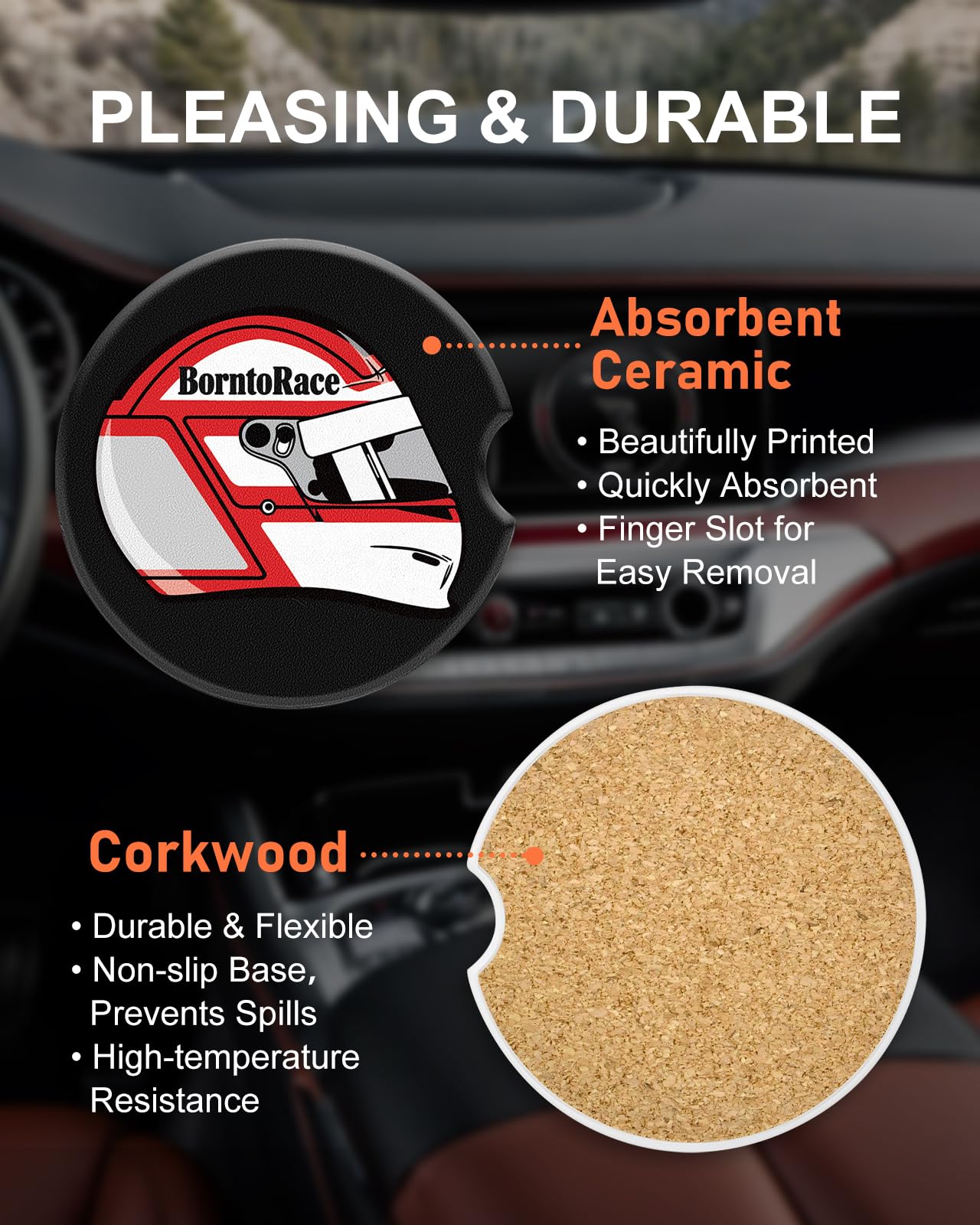 Swooflia Car Coasters for Men - Touch Down Ceramic Car Cupholder Coaster Cool Absorbent Mat Coaster with Cork Base 2 Pack Automotive Cup Holder Accessories New Driver Gifts WN420