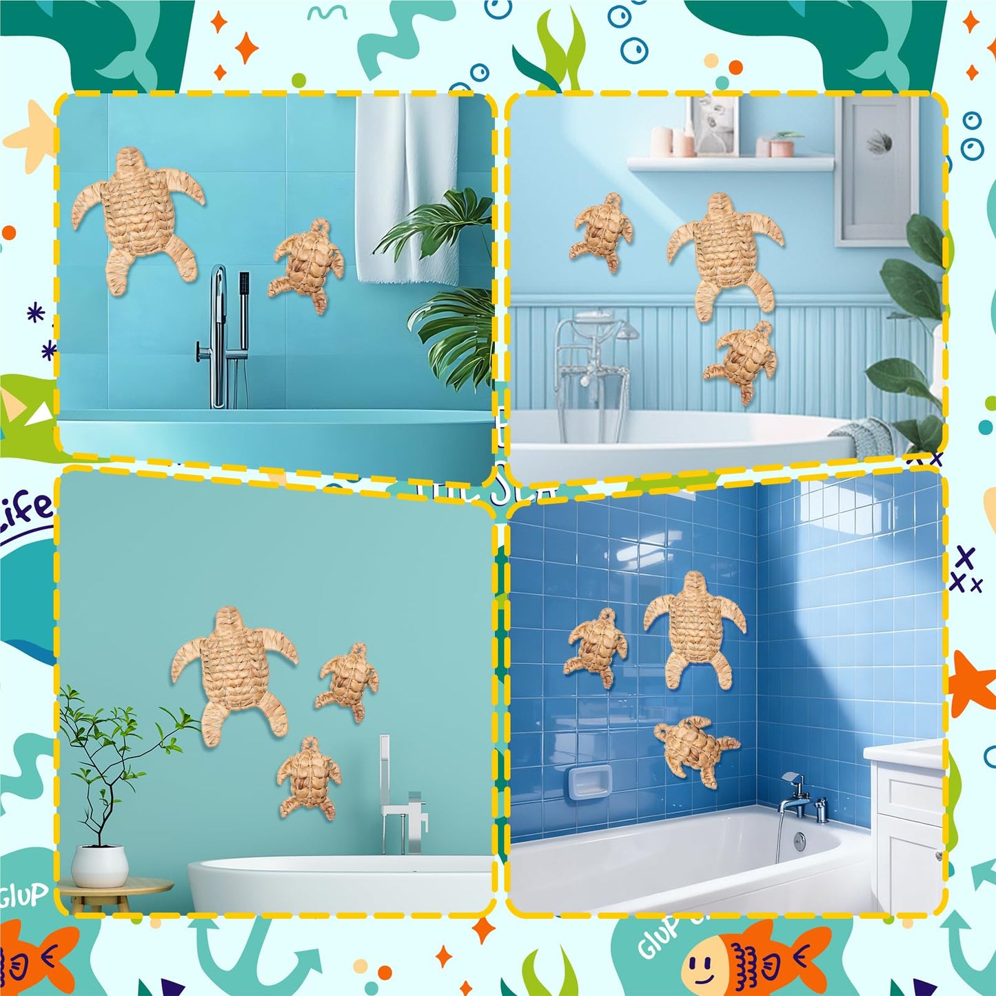 3 Pcs Wicker Sea Turtle Wall Decor, Handmade Water Hyacinth Turtle Beach Theme Decor, Coastal Nautical Wall Art for Bathroom Bedroom Living Room Patio, Boho Ocean Sea Life Hanging Sculpture (3) BST220