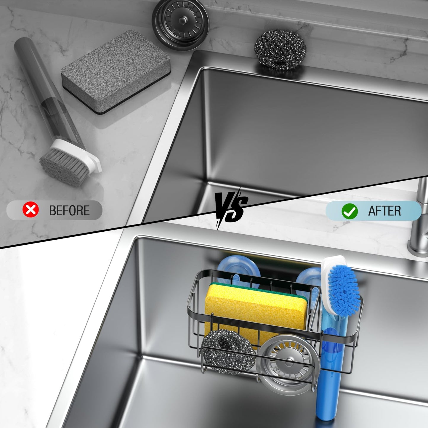 3-in-1 Kitchen Sink Caddy Organizer with Sponge Holder, Brush Holder, Extra Rack for Scrubber, Sink Stopper, Dish Cloth Hanger - Strong Dual Suction Cup, 2.0mm SUS304 Stainless Steel - Grey WN420