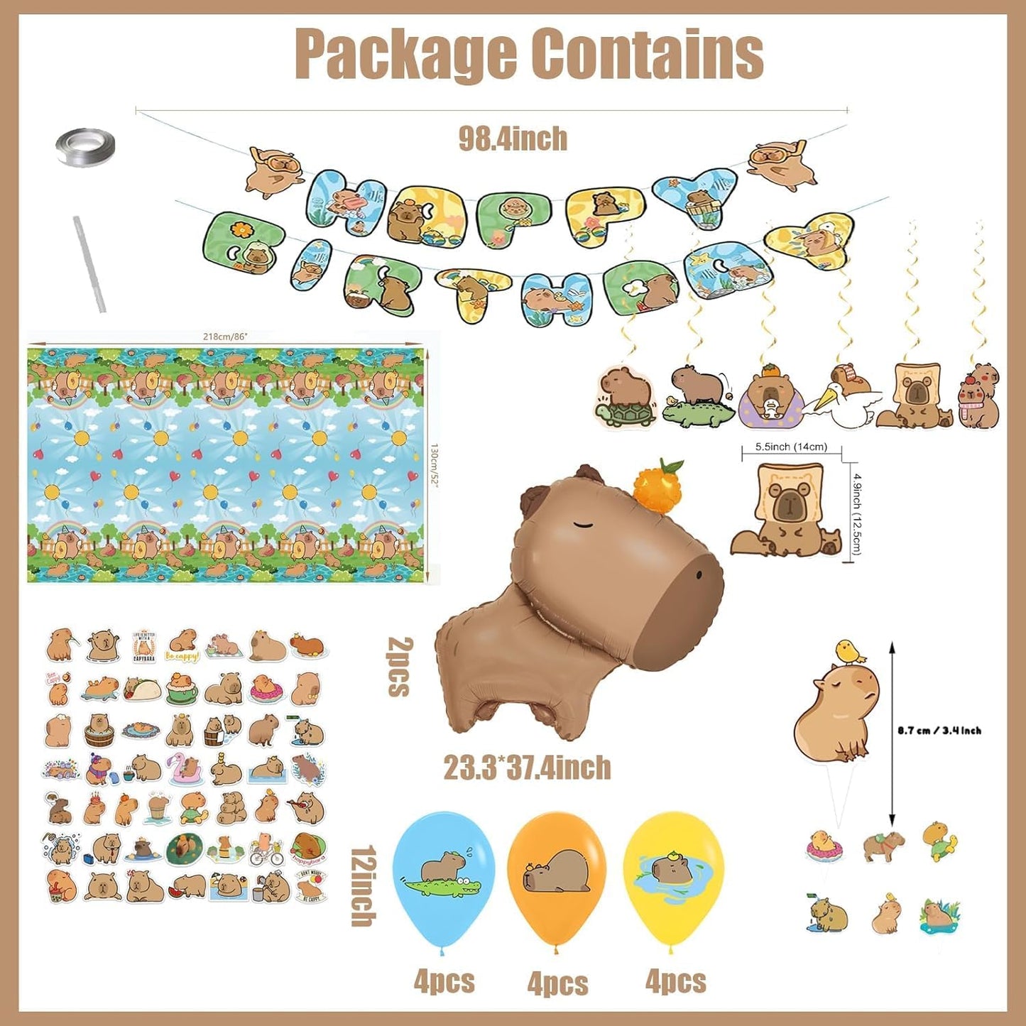 Capybara Birthday Party Decorations 24Pcs - Cute Animal Theme Supplies - Foil Balloons, Latex Balloons, Banner, Tablecloth, Stickers, Cake Toppers BST220