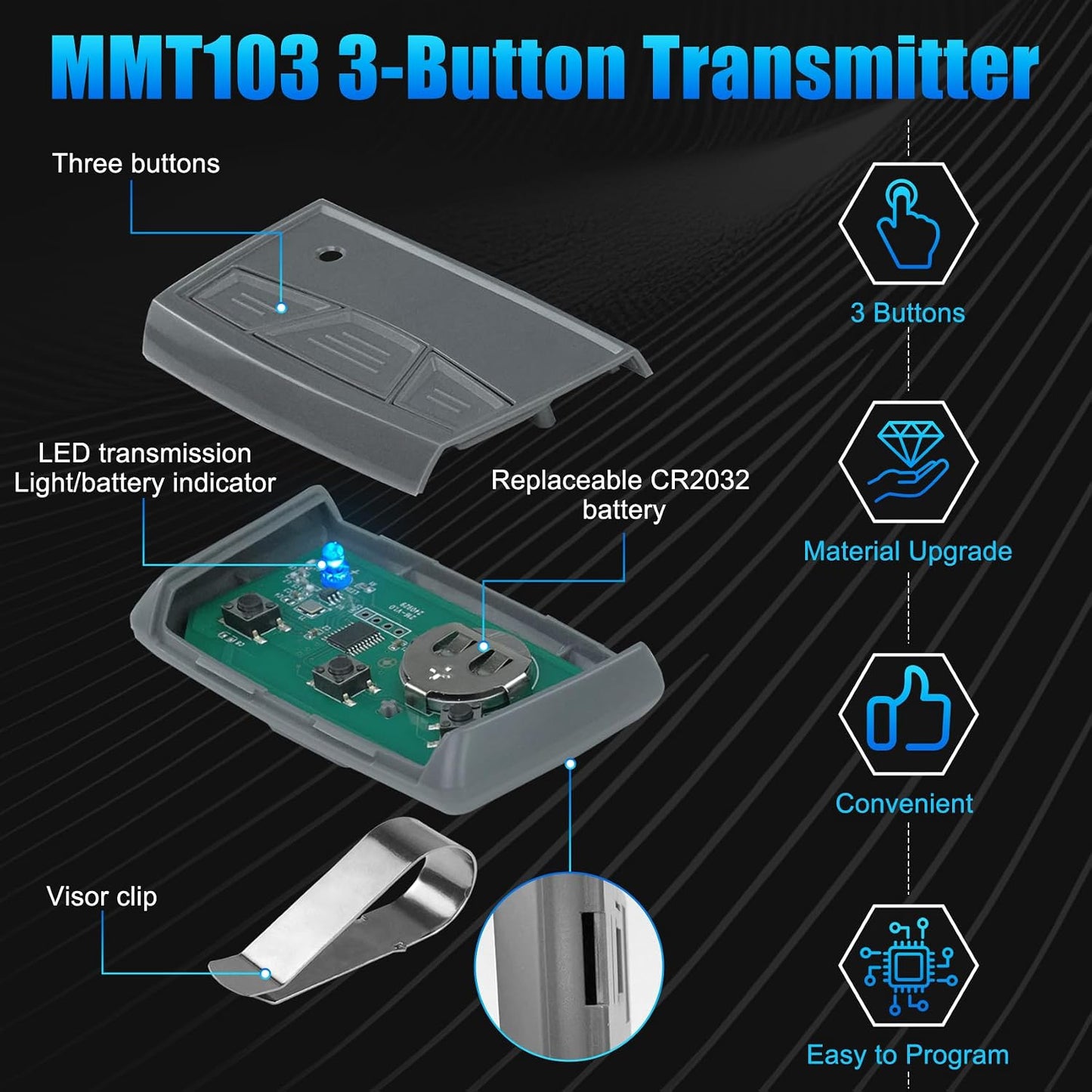 MMT103 3-Button Transmitter Replace for Mighty Mule MMT103 Remote, Compatible with Mighty Mule Garage Door Openers and Gate Openers， Can Control Three Devices WN420