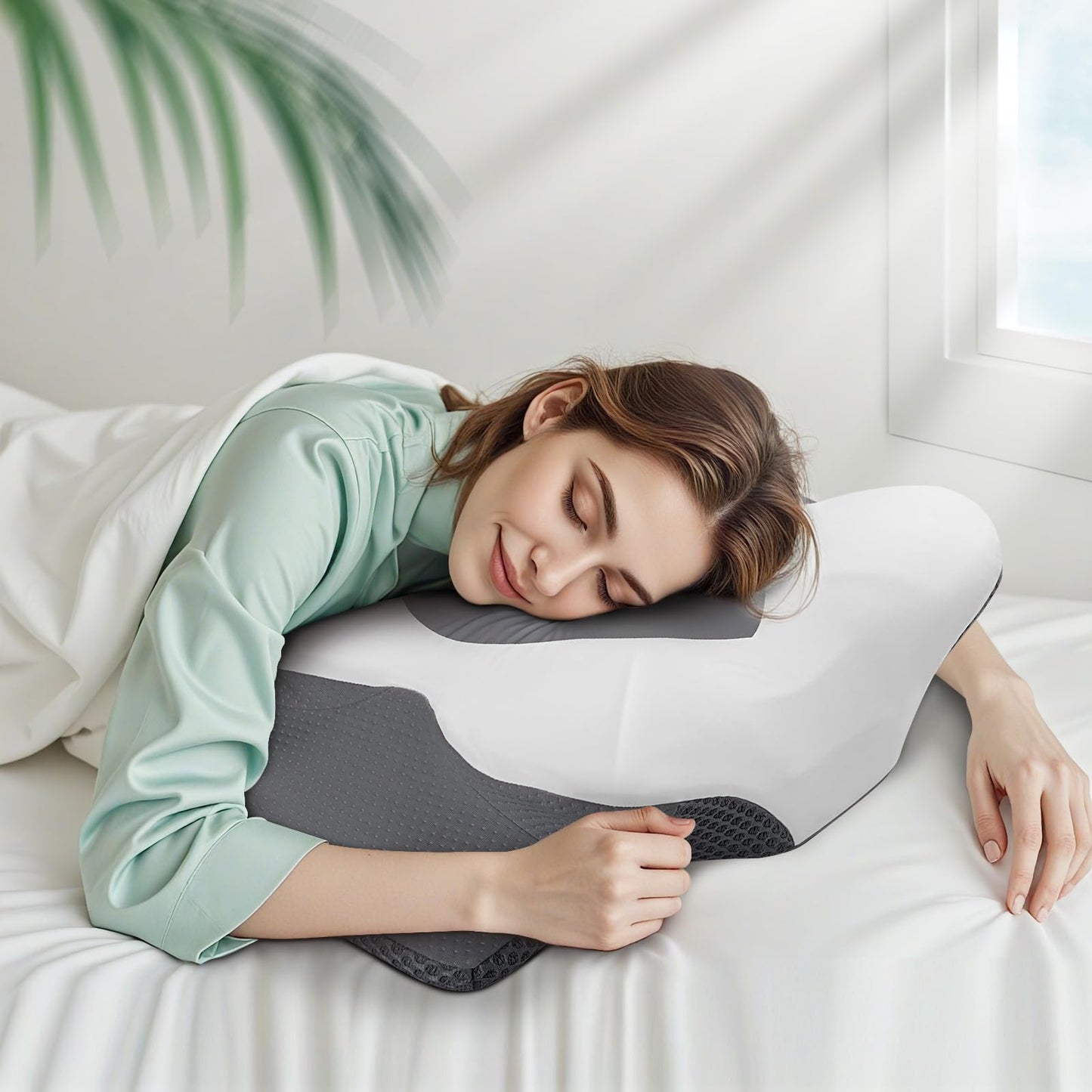 Cervical Neck Pillow for Sleeping, Memory Foam Pillow for Neck Support, Ergonomic Pillow for Pain Relief, Contour Bed Pillow for Side Back Stomach Sleepers, Grey, Queen Size BST220