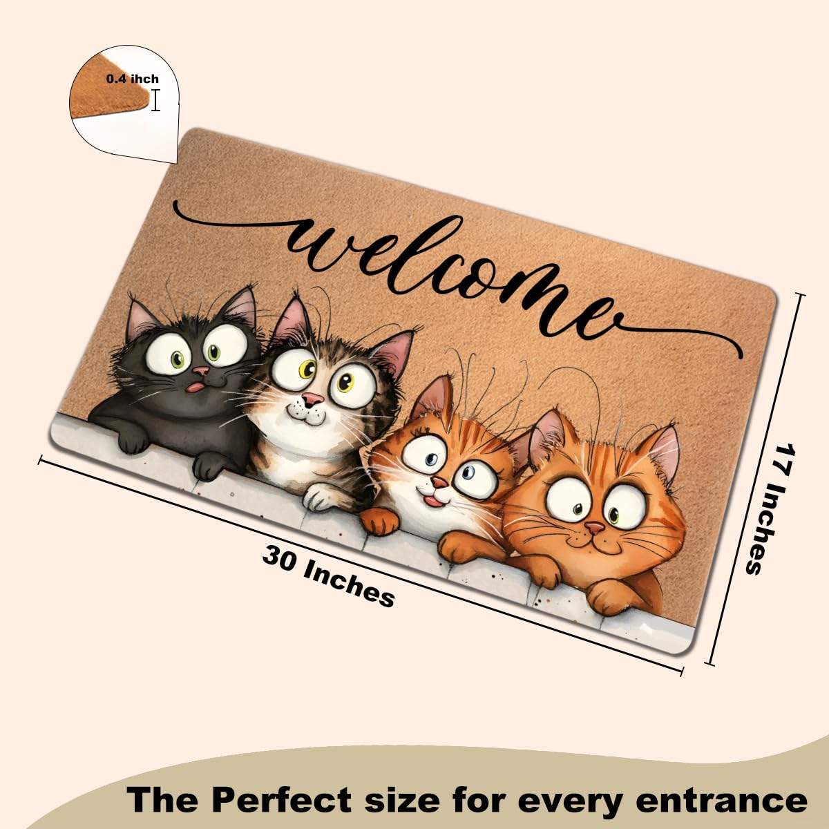 Funny Cat Door Mat 18x30 Inch, Faux Coco Coir Doormat with Non-Slip PVC Backing, Cats Printed Welcome Mat for Outdoor Indoor Entryway Porch Home Kitchen Patio, Cat Lover Gifts for Women Mom BST202