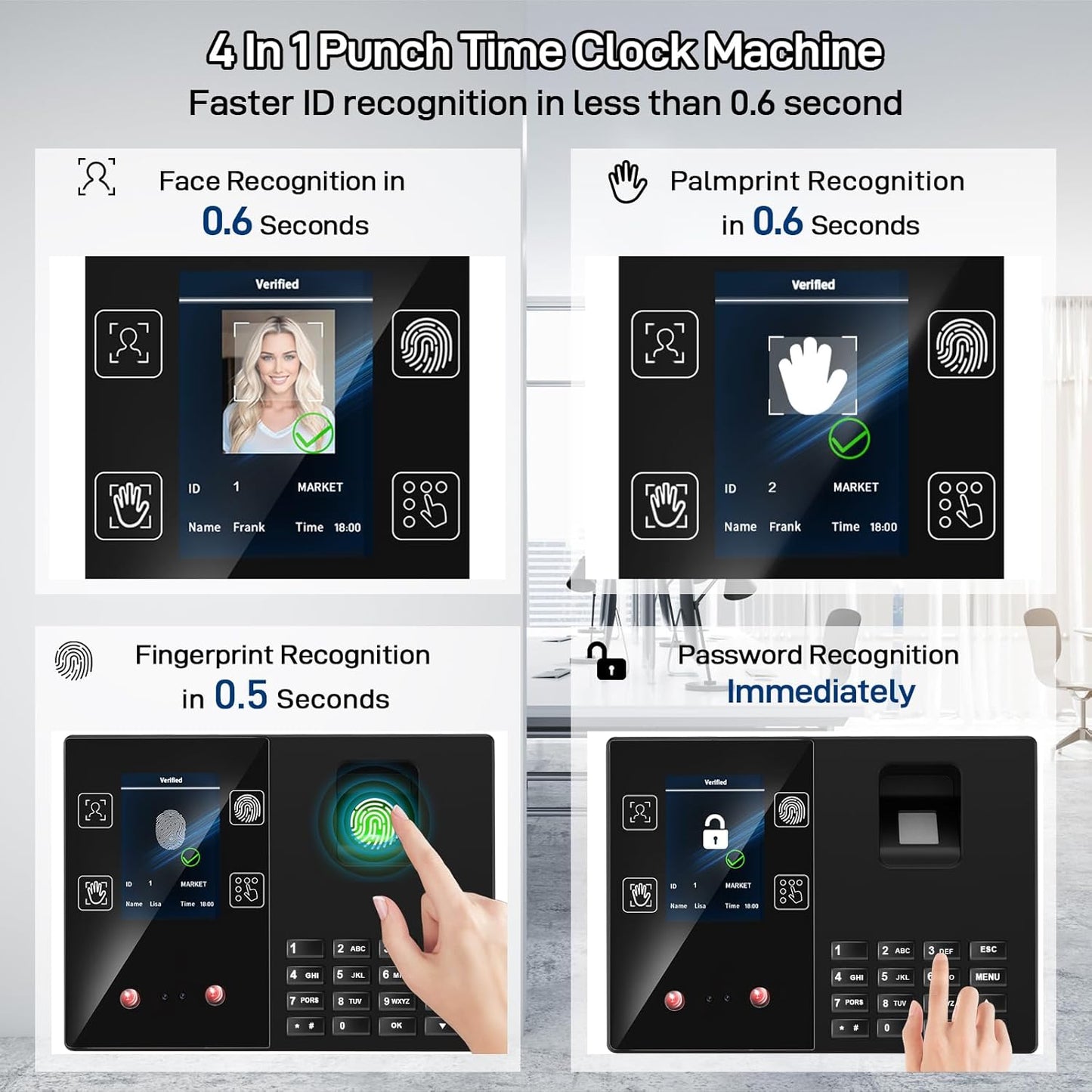 KUIIYER 4 in 1 Employees Time Clocks for Small Business (Face + Fingerprint + Palm Print + PIN) Employee Clock in & Out Machine Biometric Attendance Punch Clock Recorder Tracker (No Monthly Fee)