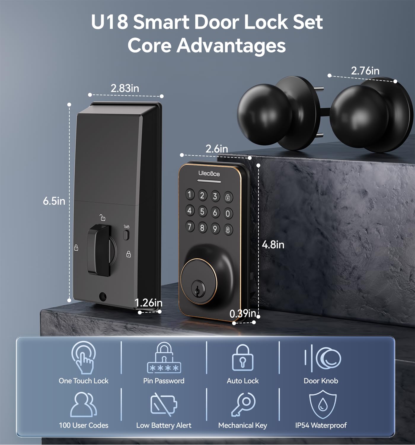 Ulecoce Keyless Entry Door Lock with Knob Set, Door Locks for Front Door with Handle Set, Auto Lock, One-Touch Lock, 100 Codes ＆ 3 Keys, Anti-Peeping Password, Easy Installation, Black