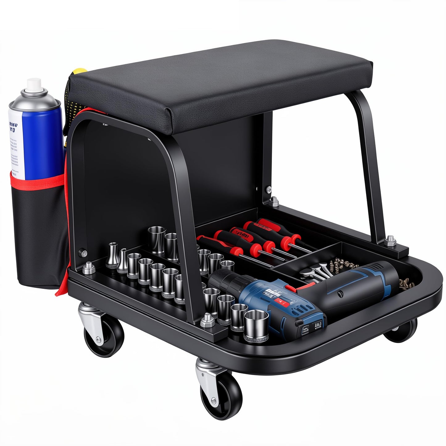 Rolling Mechanic Garage Stool on Wheels with Padded Cushion, Tool Tray Storage and Side Pockets, 300 LBS Capacity, Red BST220