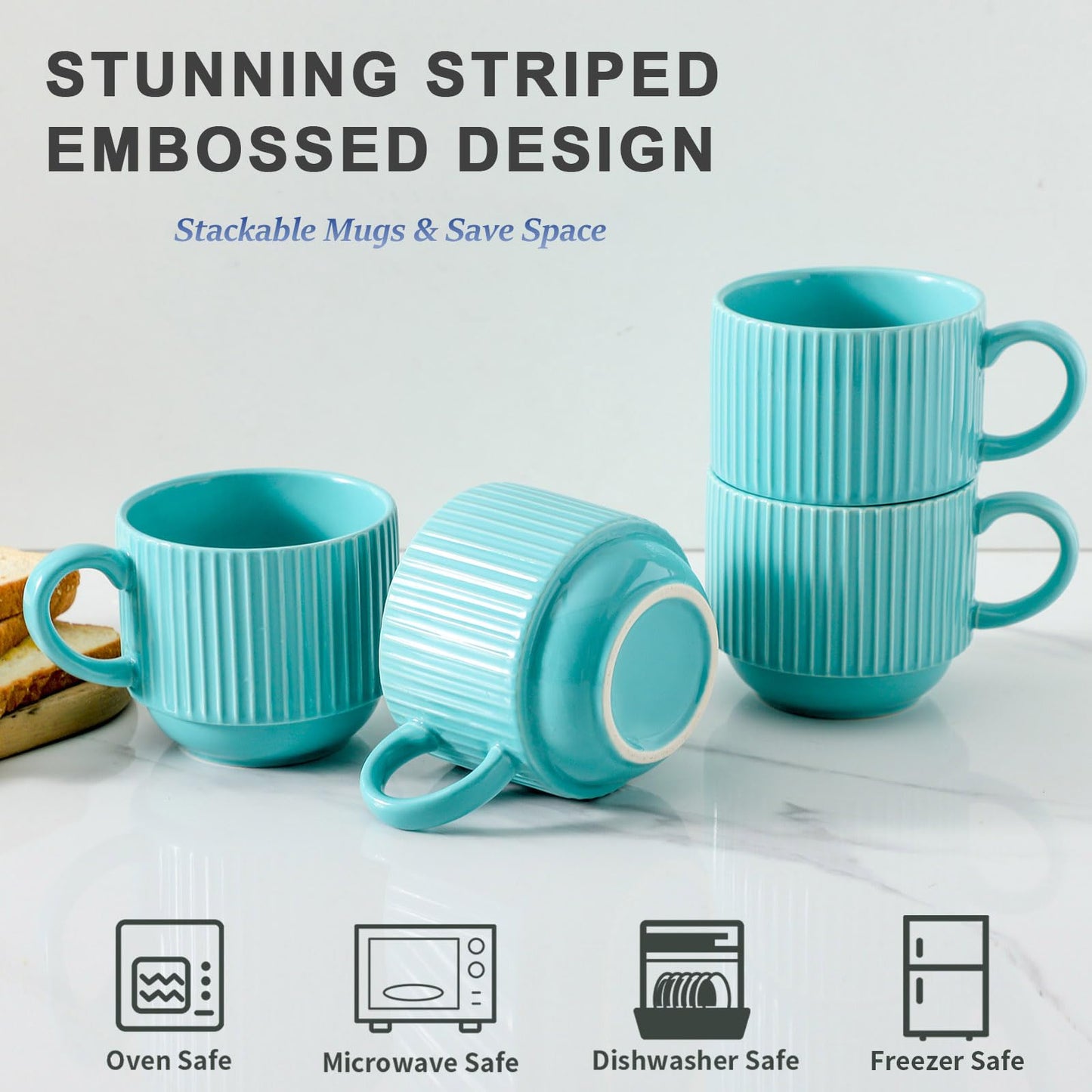 HASENSE 15 oz Ribbed Stackable Coffee Mug Set of 4, Porcelain Latte Cups with Metal Rack, Dishwasher & Microwave Safe, Cappuccino Tea Hot Cocoa, White BST220