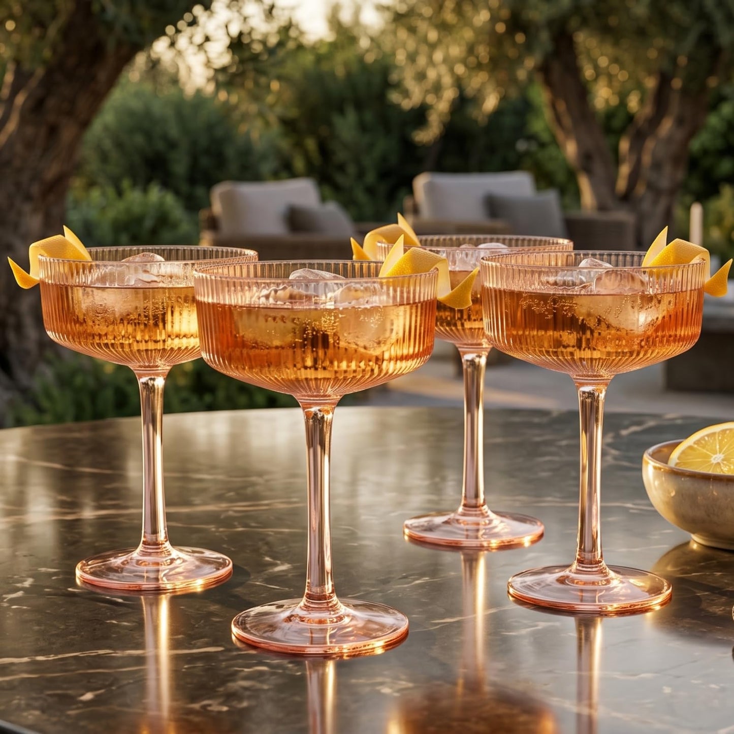 Khen Pink Peach Acrylic Ribbed Coupe Martini Champagne Cocktail Glasses, Set of 4, 8 oz Shatterproof Ripple Stemware European Style Reusable Drinkware Goblets, Indoor Outdoor Parties Weddings Bar Gift BST220