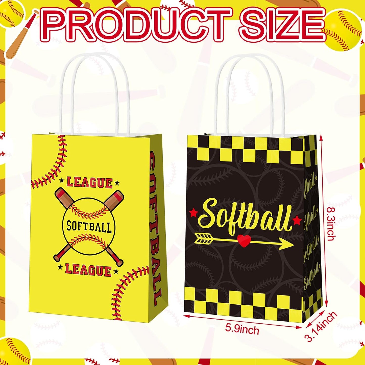 MotiMind 24 Pcs Softball Party Favor Bags Black Yellow Softball Themed Goodie Gift Wrapping Paper Bags with Handles Portable Sports Ball Candy Treat Pouch for Birthday Party Decorations Supplies BST326H