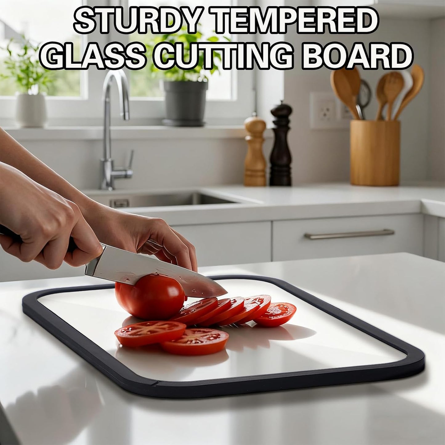 2 Pcs Tempered Glass Cutting Board Set 0.31inch Thick Tempered Glass Black Silicone Edged Chopping Boards with Hanging Holes for Kitchen Countertop & Serving, Dishwasher Safe BST326H