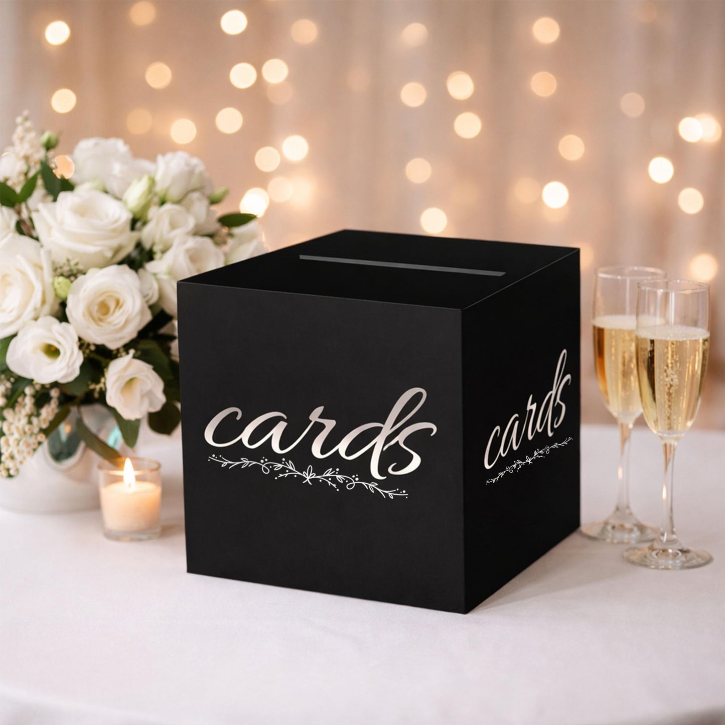 1 Pack White and Gold Wedding Card Box for Party Graduation Bridal Baby Shower Retirement Decorations Cardboard Birthday Card Holder Raffle Ballot Voting Box with Slot 7.8 x 7.8 x 7.8 In BST220