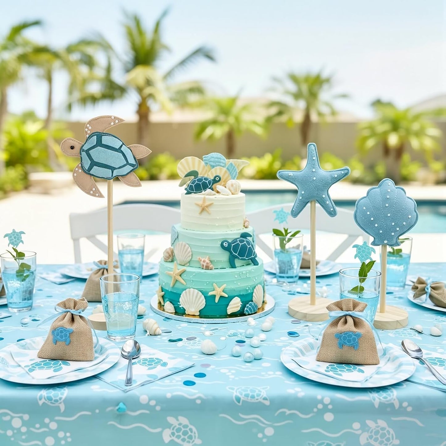 Yousoontic 3 Pcs Coastal Beach Ocean Nautical Table Decor - Felt Turtle Starfish Shell Centerpieces, Nautical Standing Wooden Home Decor for Summer Holiday Kitchen BST202
