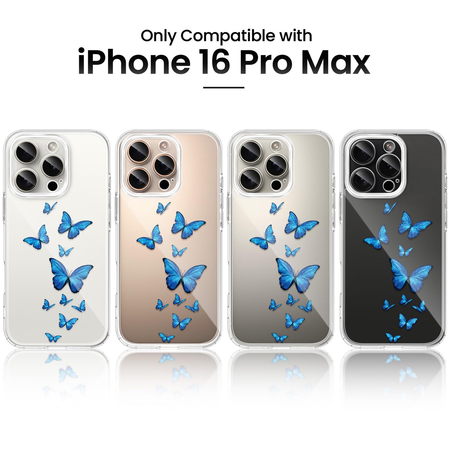 Cute Girly Crystal Clear Case Compatible with iPhone 16 Pro, Camera Control & Shockproof Protection Floral Case for Women, Blue Butterflies WN420