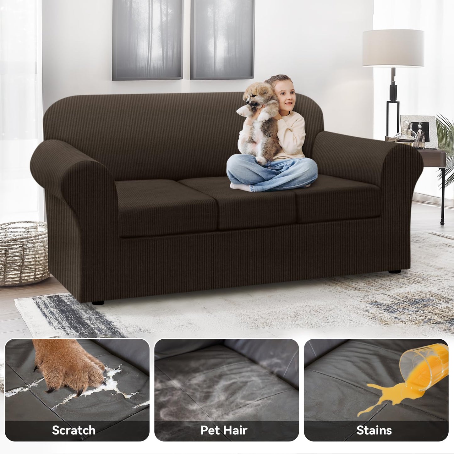 Waterproof Chair Cover with Arms 2-Piece Set Striped Slipcover for 1 Separate T Cushion Couch - TPU Fabric Armchair Covers Leakproof Couch Protector for Kids, Pets(Chair, Beige) BST220