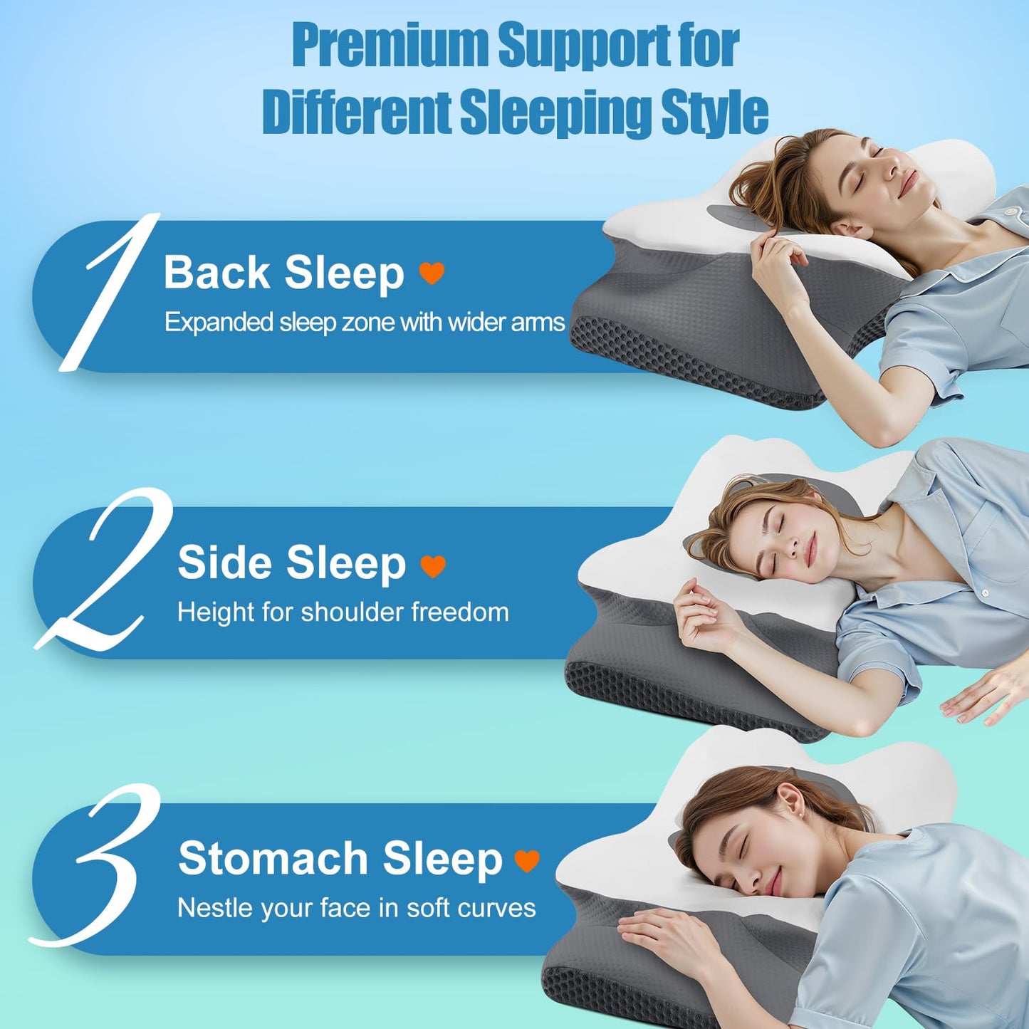 Cervical Neck Pillow for Sleeping, Memory Foam Pillow for Neck Support, Ergonomic Pillow for Pain Relief, Contour Bed Pillow for Side Back Stomach Sleepers, Grey, Queen Size BST220