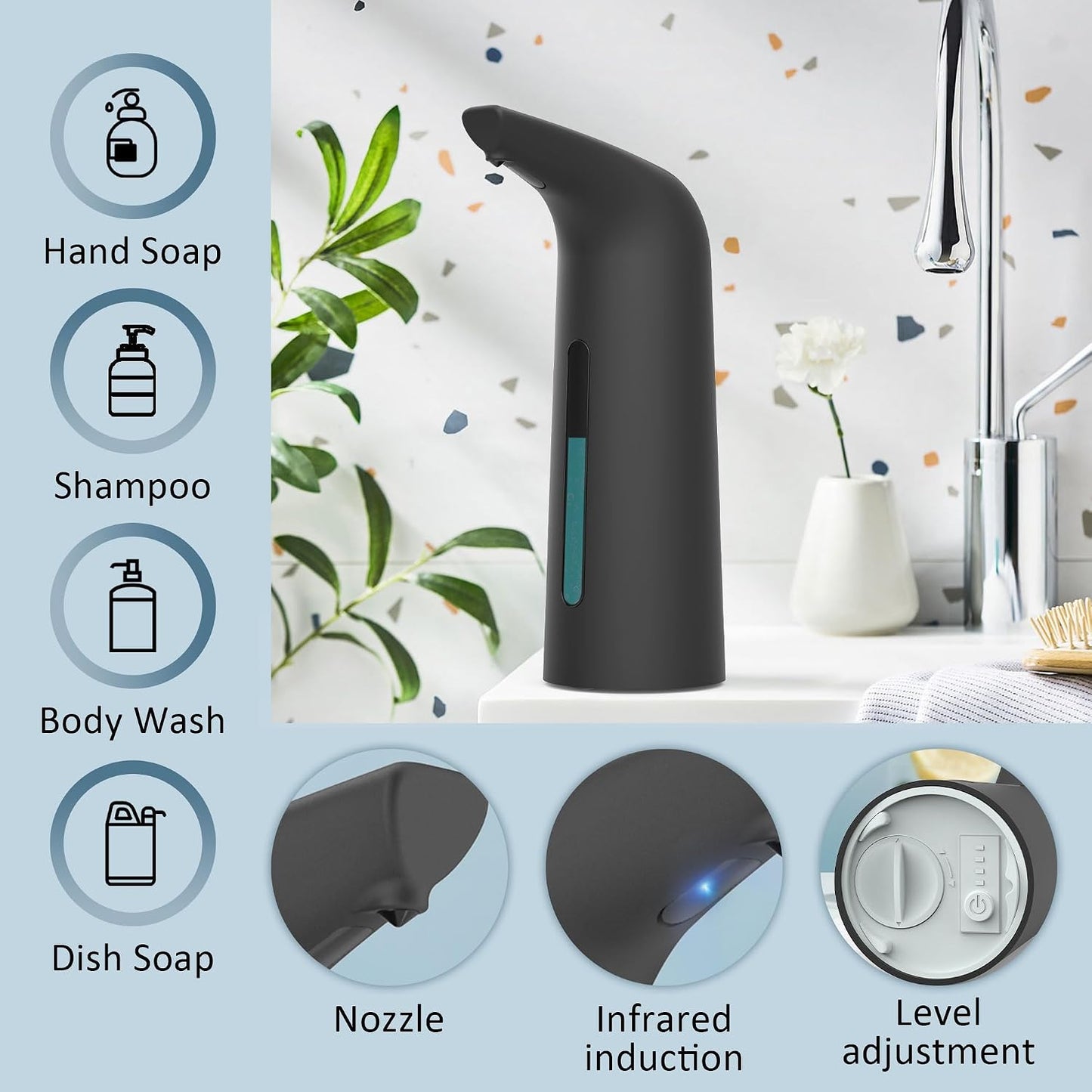 Automatic Soap Dispenser Touchless,400ML Hand & Dish Countertop Electric Liquid Dispenser with Sensor,Modern 4 Gear Adjustable Black Waterproof Battery Operated Kitchen Auto Soap Pump WN420