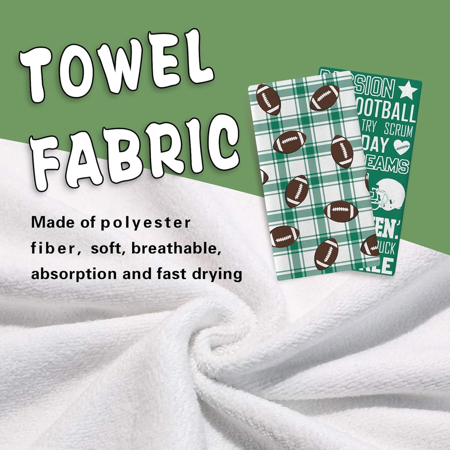 Football Season Kitchen Dish Towels Set of 2, Rugby Sport Game Day | Green Buffalo Plaid Drying Hand Towel Baking Cooking Cloth, Farmhouse Bathroom Home Decor Football Player Gifts 18'' x 26'' BST202