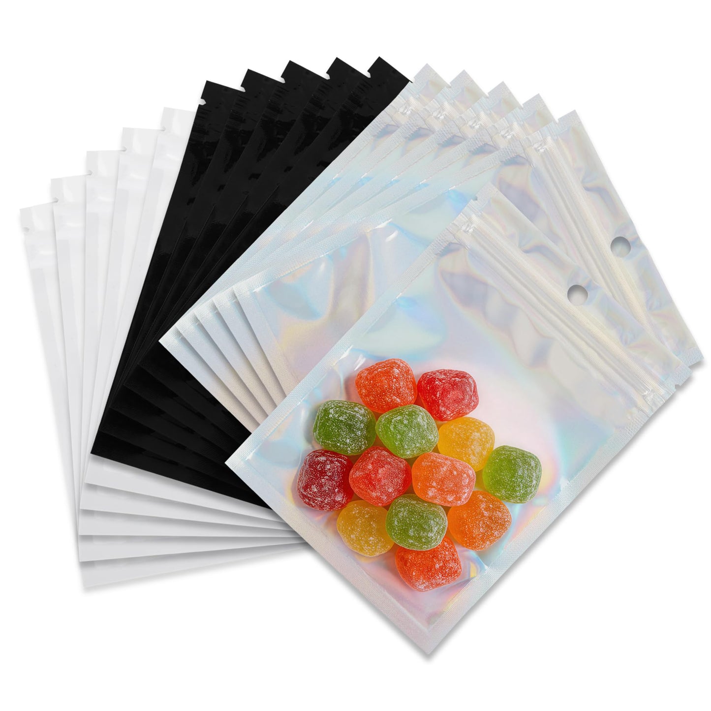 Holographic Mylar bags -100Pcs Self-Seal Resealable Zip Baggies with Clear Window, Smell Proof Laser Iridescent White 3x4.7 inch for Small Business Samples, Party favors,Snacks,Jewelry BST326L