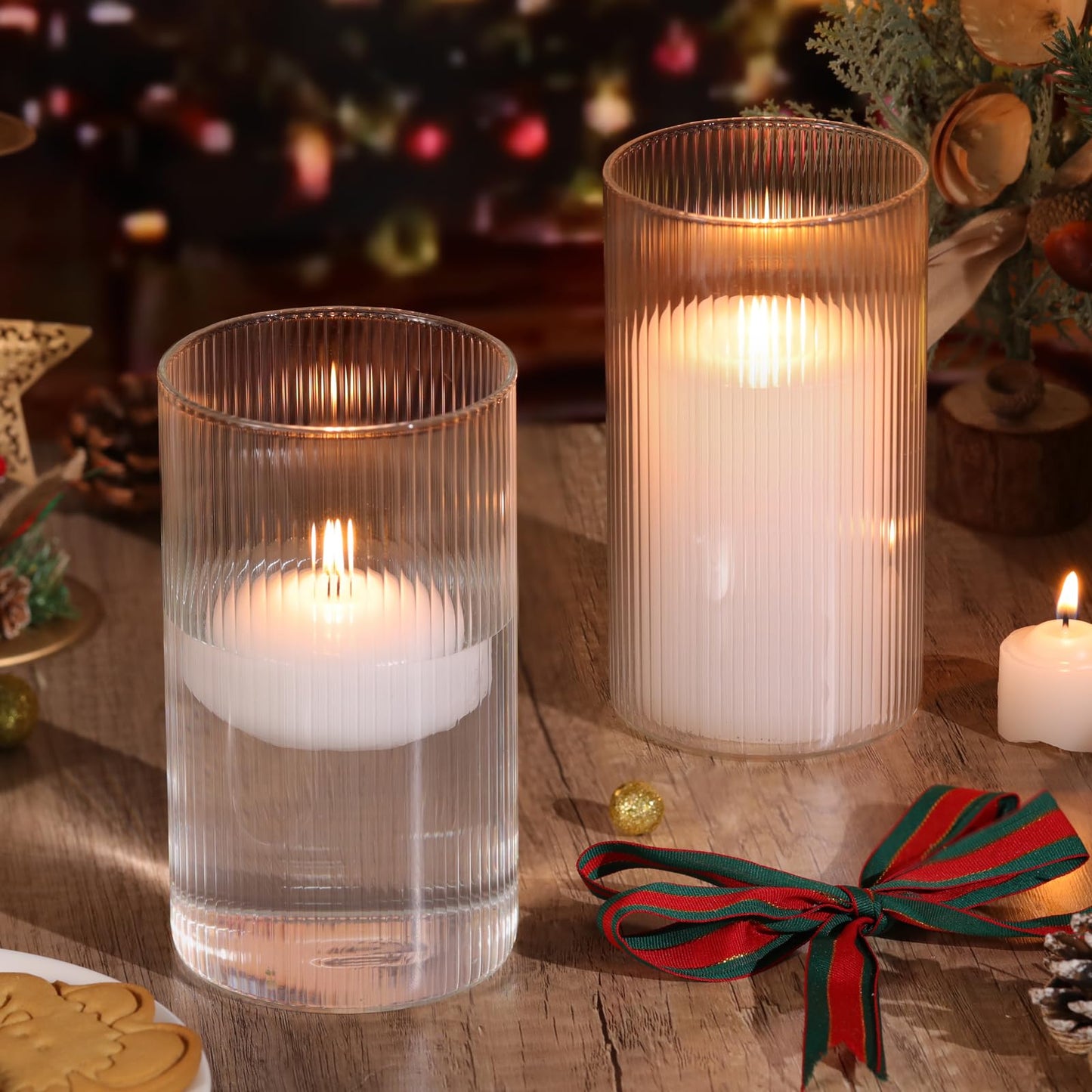 Glass Ribbed Cylinder Vases, 8 Inch Tall, Clear, Pack of 3 | Flower Vases in Bulk, Hurricane Floating Candle Vases, For Party Home Decor BST326H