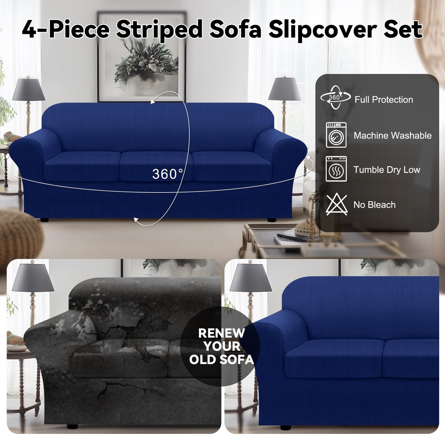 Waterproof Chair Cover with Arms 2-Piece Set Striped Slipcover for 1 Separate T Cushion Couch - TPU Fabric Armchair Covers Leakproof Couch Protector for Kids, Pets(Chair, Beige) BST220