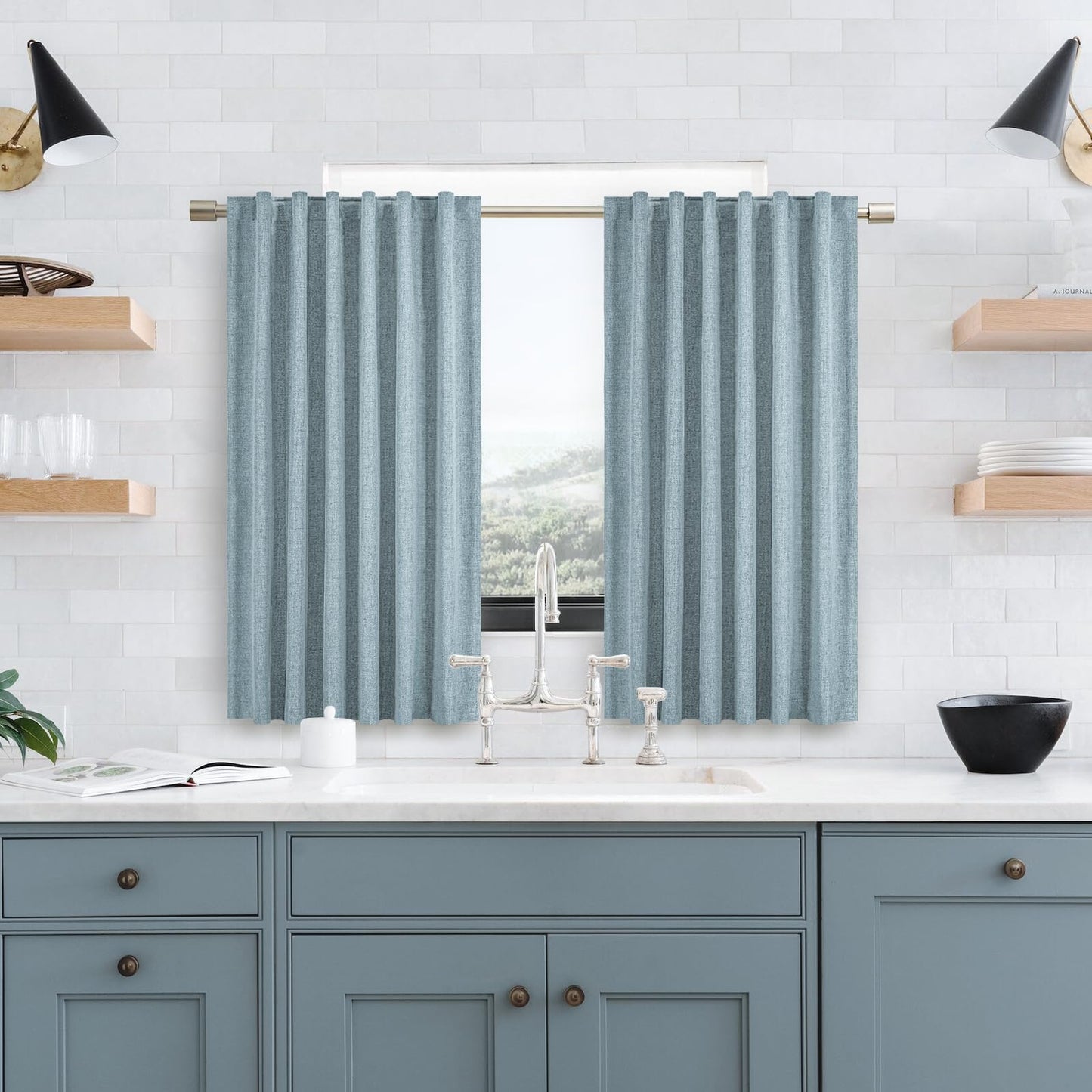 PANGSINNE Short Curtains for Windows Bathroom, 100% Blackout Linen Boho Back Tab Pleated Cafe Curtains for Kitchen Bedroom, 54 Inch Length 2 Panels Set, Dusty Blue BST326H