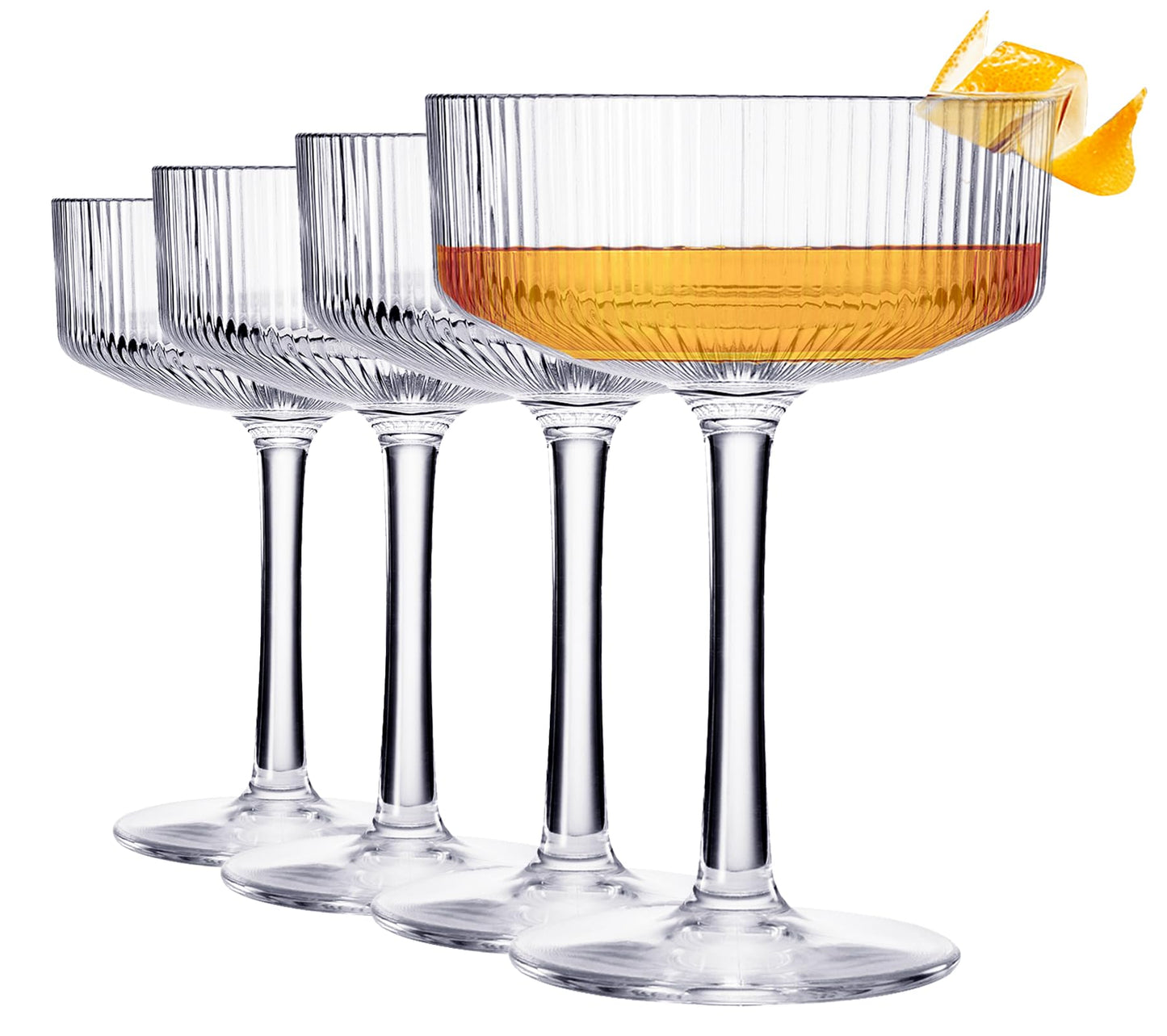 Khen Pink Peach Acrylic Ribbed Coupe Martini Champagne Cocktail Glasses, Set of 4, 8 oz Shatterproof Ripple Stemware European Style Reusable Drinkware Goblets, Indoor Outdoor Parties Weddings Bar Gift BST220