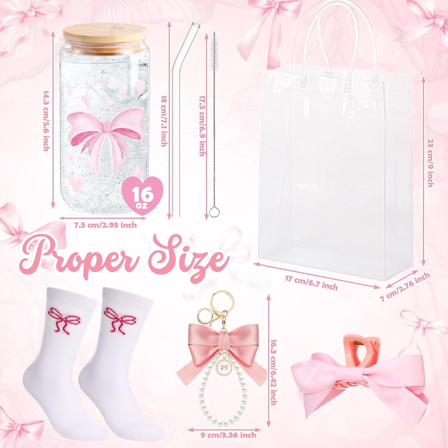5 Pcs Mother's Day Pink Bow Gift Set with Cute Bow Keychain, Aesthetic Cup, Socks, Clear Gift Bag, Bows Claw Clips Coquette Stuff for Girls Women Friends Birthday BST326H