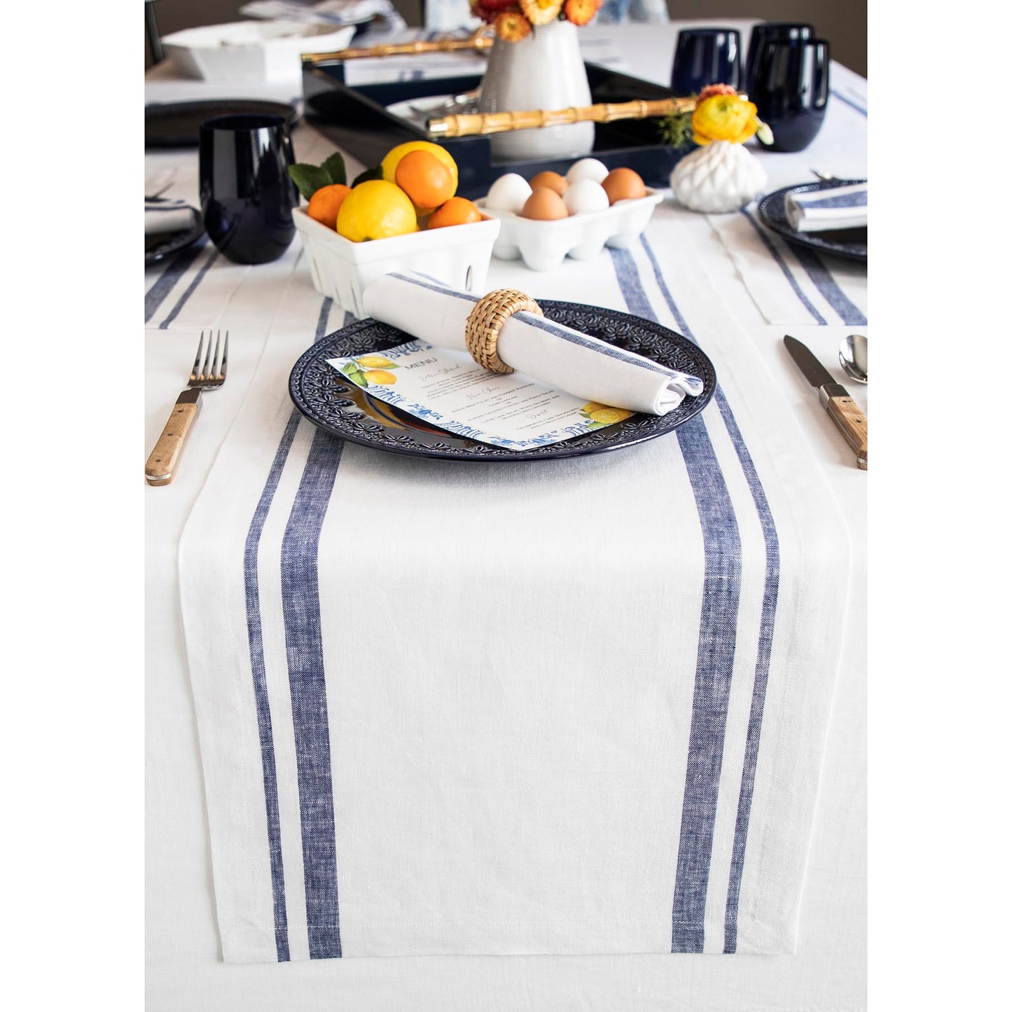 Solino Home 100% Pure Linen Table Runner, 14 x 60 in, Black, French Stripe | Table Runners for dining, hallway and console tables | woven stripe, mitered corners | Black and White | OEKO-TEX Certified BST326SOLH
