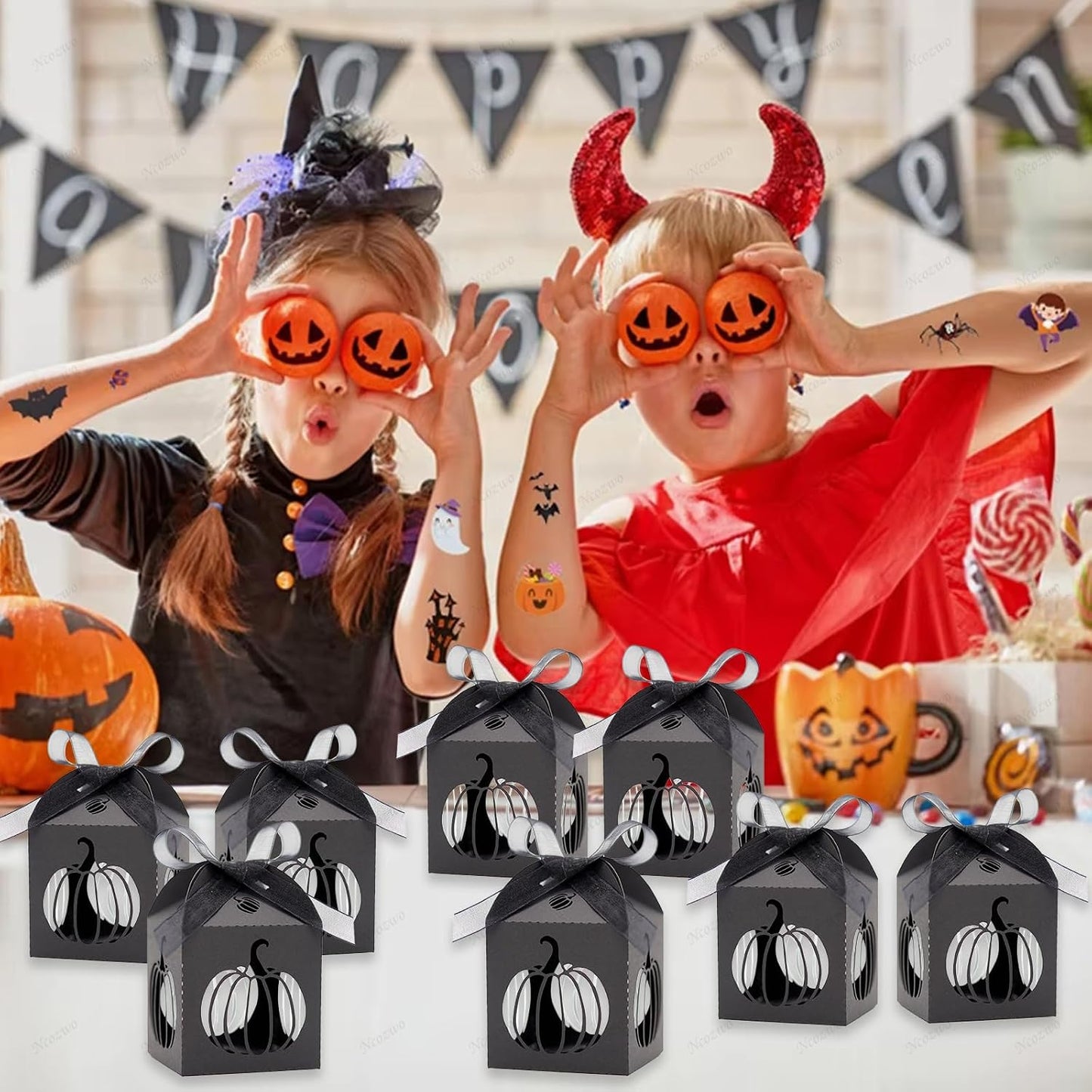 Ncozwo 20 Pcs Black Halloween Party Treat Boxes Pumpkin Candy Cookies Gift Box Hollowed-out Pumpkin Favor Boxes Hollow Die-Cut Cardboard Chocolate Container for Birthday Party Supplies Decorations BST220