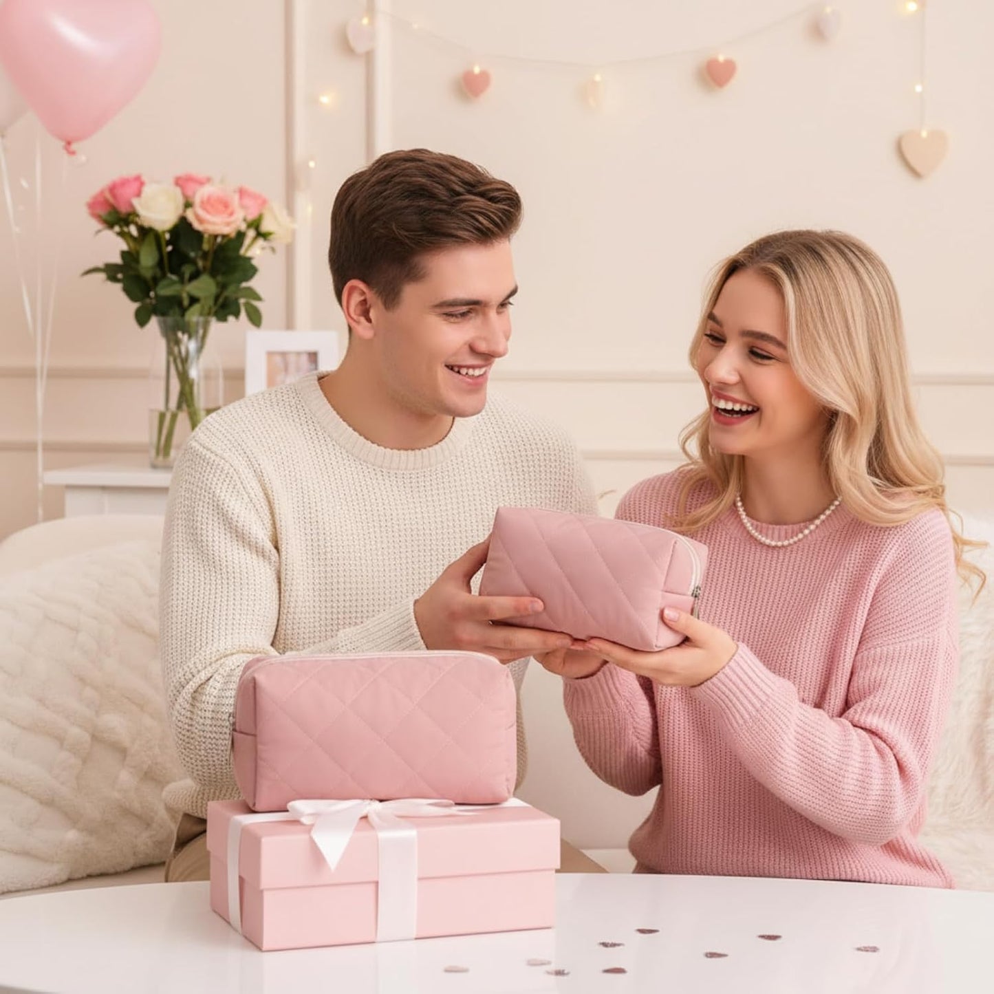 2 Pcs Puffy Makeup Bag Quilted Cosmetic Pouch for Women Cute Puffer Makeup Organizer Compact Toiletry Bags Preppy Pencil Case with Zipper Winter Gift for Women Girlfriend(Pink) WN420