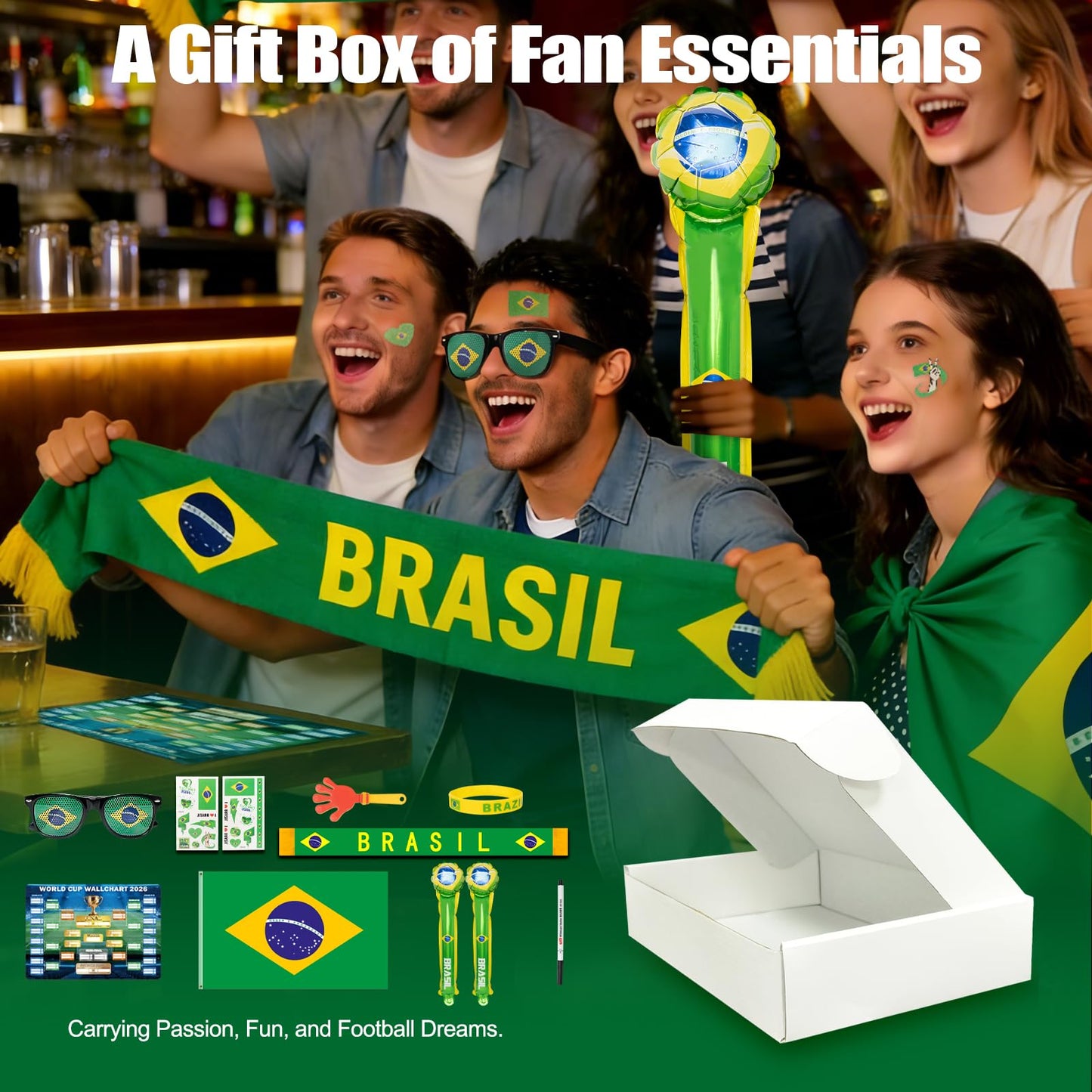 World Cup 2026 Fan Accessories with Large 3x5 ft Flag, Match Tracker Poster, Stickers, Cheering Sticks, Clapper & Scarf, World Cup Decorations Fan kit for Soccer Watch Party, Stadium and Home Cheering BST202