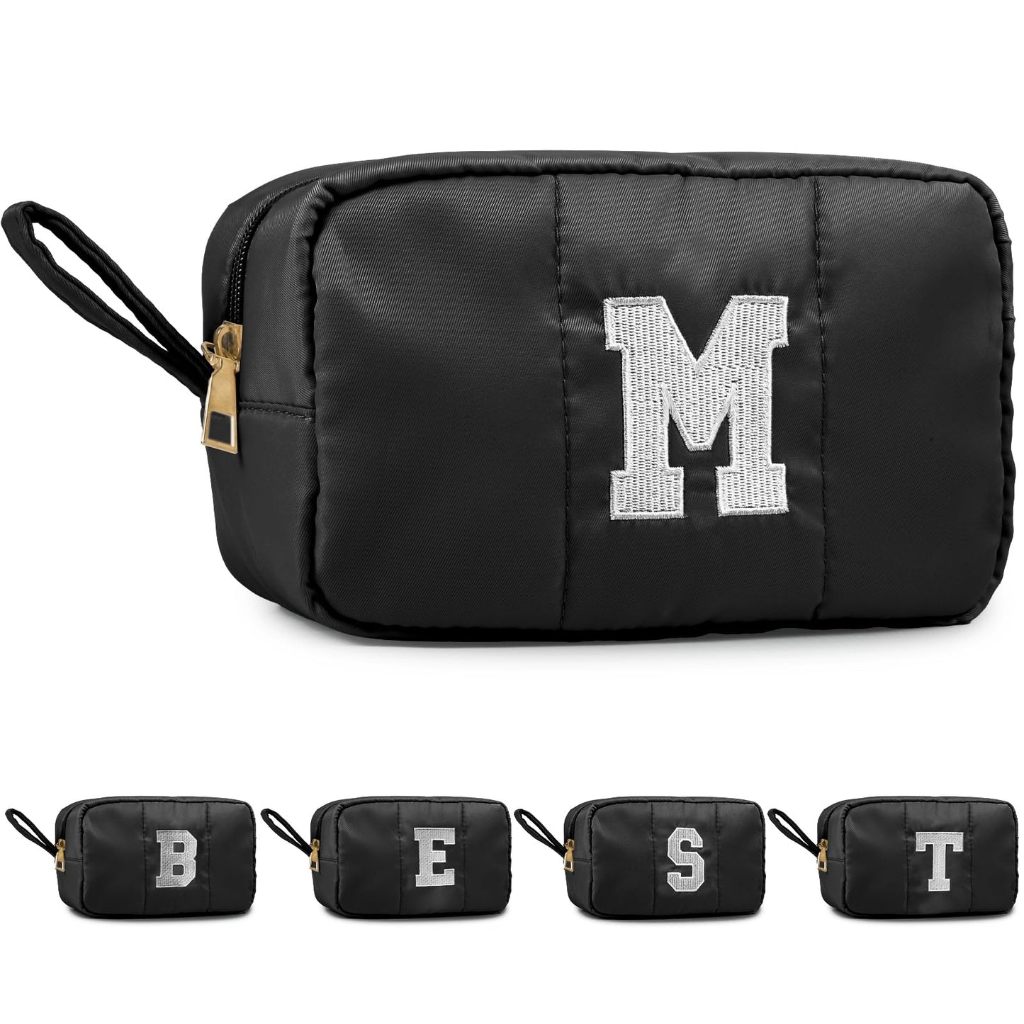 Puffy Makeup Bag for Women,Initial Cosmetic Bag,Cute Travel Toiletry Bag,Puffer Make Up Organizer Bags with Compartments,Personalized Gifts for Girlfriend Bridesmaid Teacher Graduation (Khaki gray, E) BST202