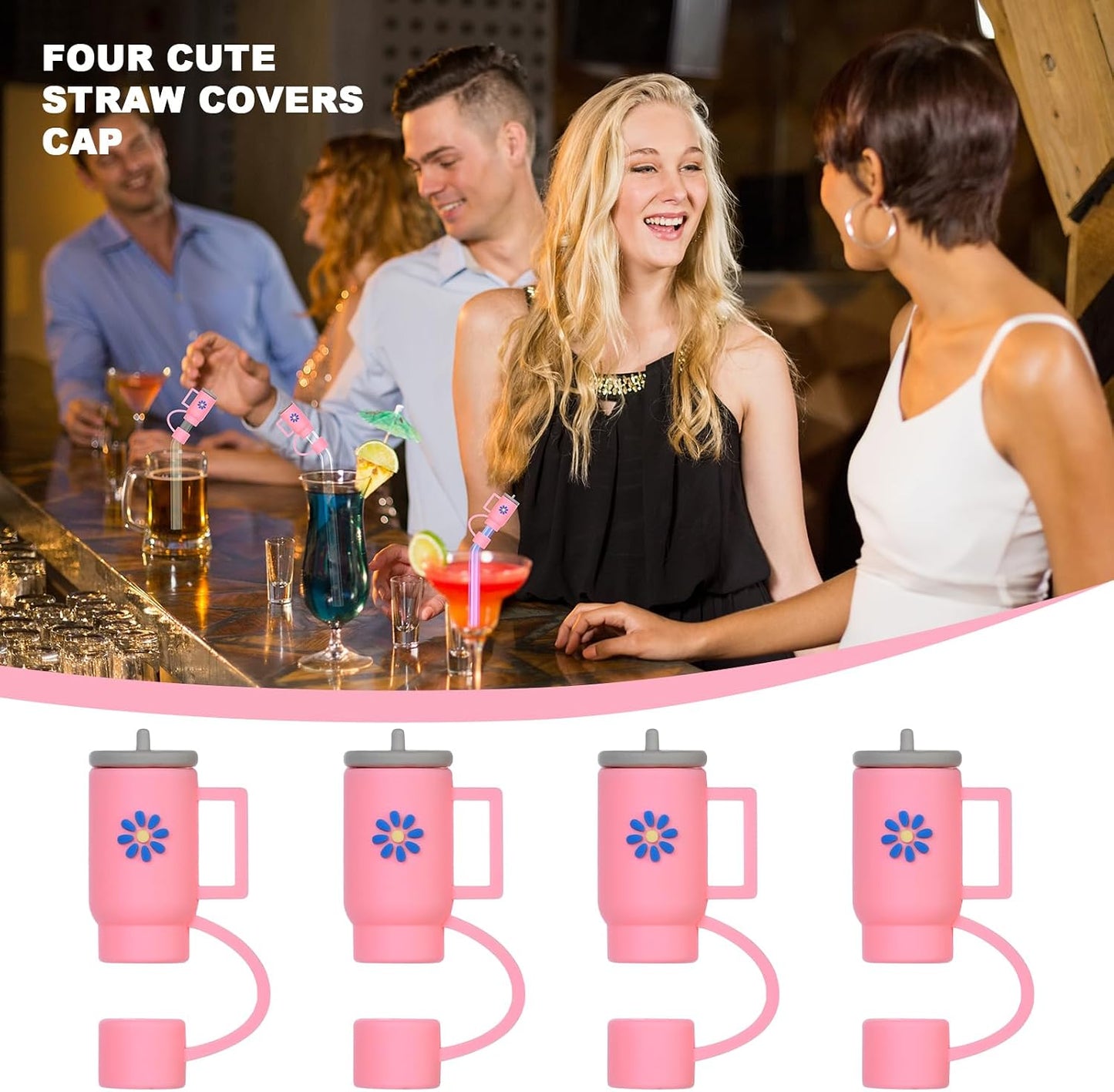 AUAUY 4 Straw Covers for Stanley Cup 40oz & 30oz, Reusable Straw Tips 0.4"/10mm, Cute Accessories (Rose Red Cup) WN420