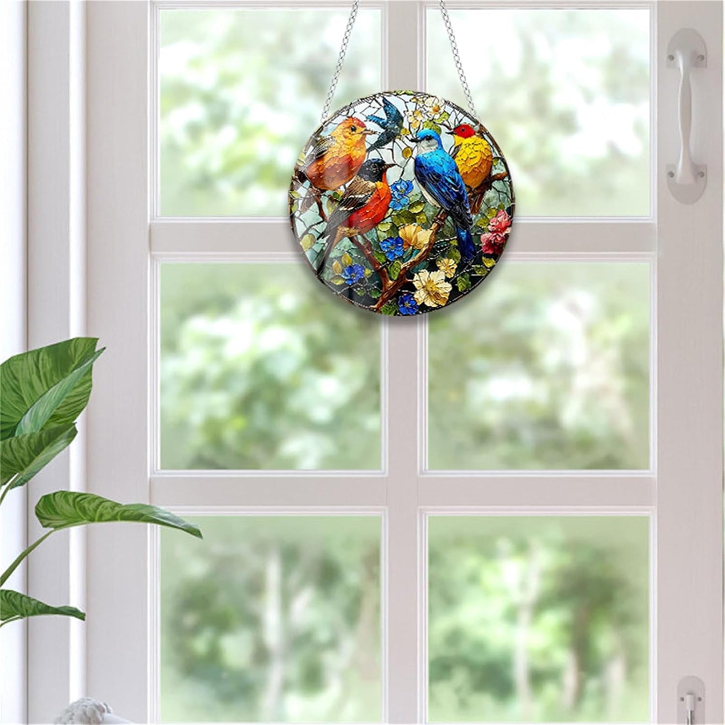 Sparrow Stained Suncatchers for Windows Birds on a Branch Flowers Natural Scenery Hanging Acrylic Panels, Bedroom Garden Kitchen Wall Art Decoration Gifts for Women Mom Grandma Teacher BST220