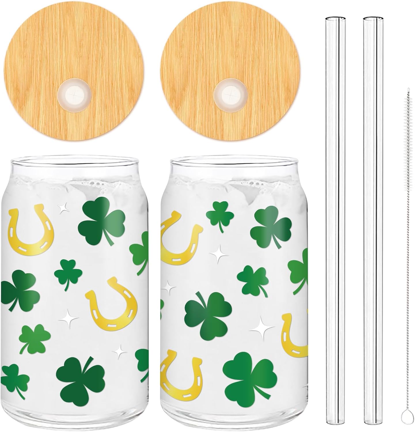 FYSUIMU 2 Pack St. Patrick's Day Drinking Glasses Gold Foil Shamrock Horseshoe Drinking Glasses 16oz Irish Lucky Clover Glass Cup with Lids and Straw for Cocktails Whiskey Beer Soda WN420