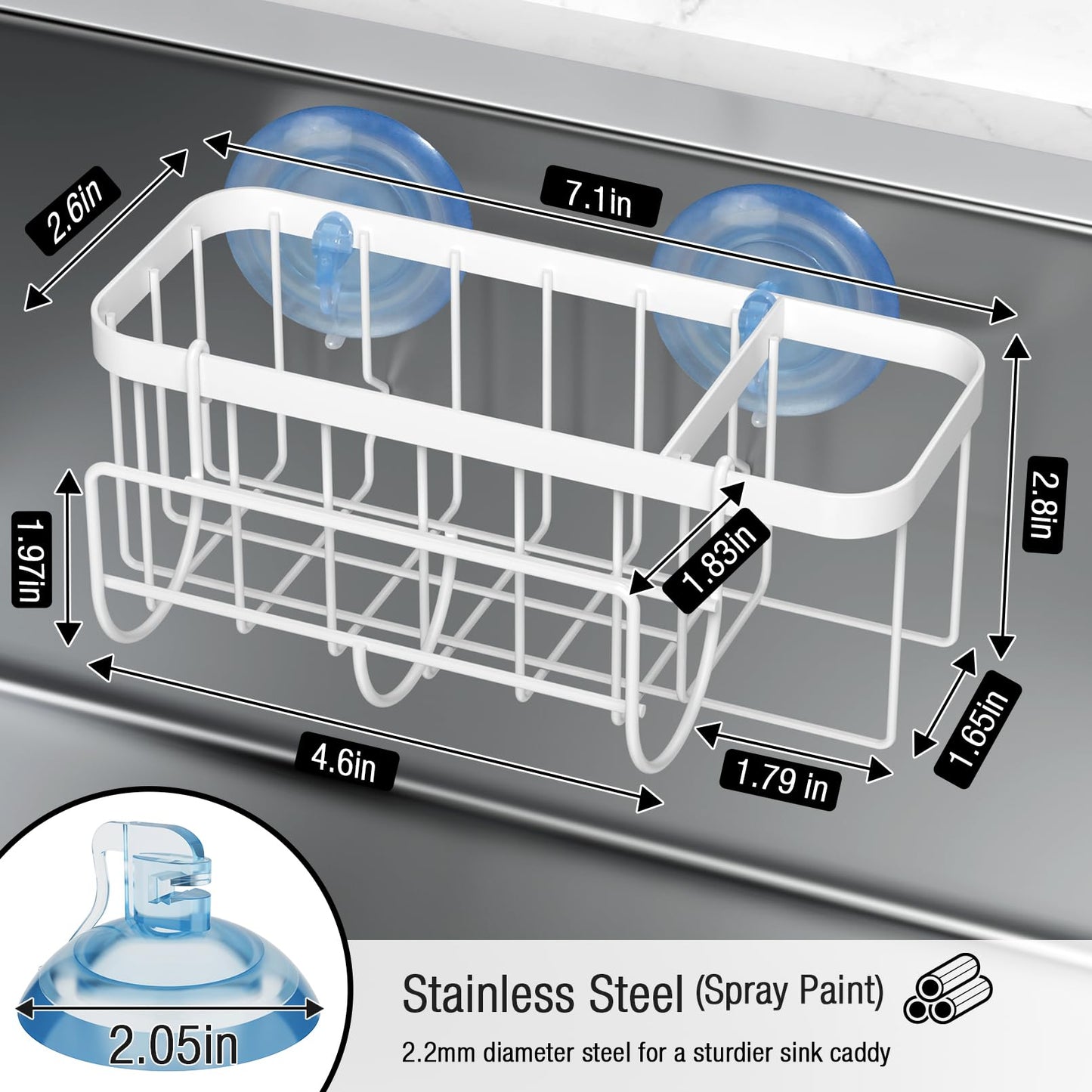 3-in-1 Kitchen Sink Caddy Organizer with Sponge Holder, Brush Holder, Extra Rack for Scrubber, Sink Stopper, Dish Cloth Hanger - Strong Dual Suction Cup, 2.0mm SUS304 Stainless Steel - Grey WN420