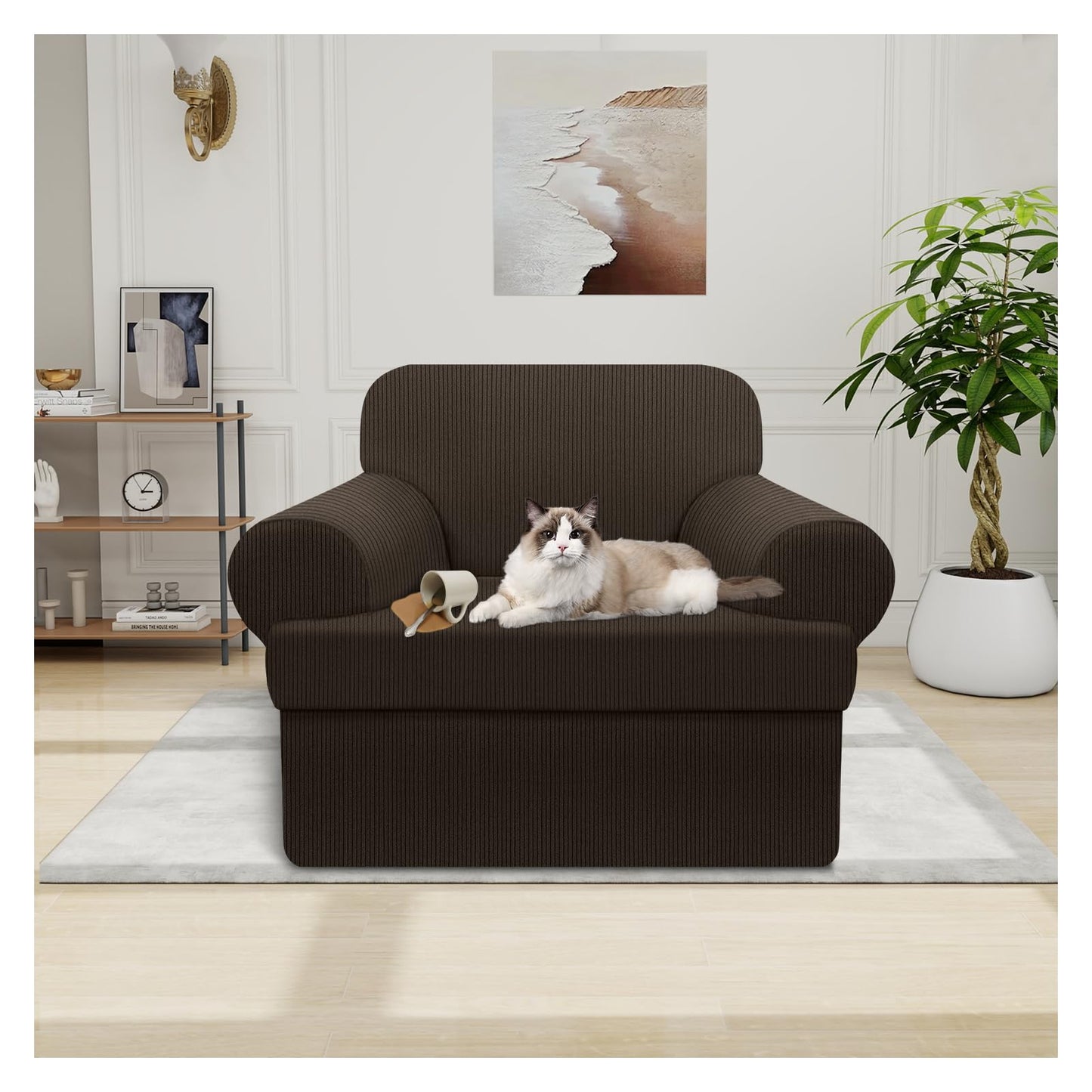 Waterproof Chair Cover with Arms 2-Piece Set Striped Slipcover for 1 Separate T Cushion Couch - TPU Fabric Armchair Covers Leakproof Couch Protector for Kids, Pets(Chair, Beige) BST220