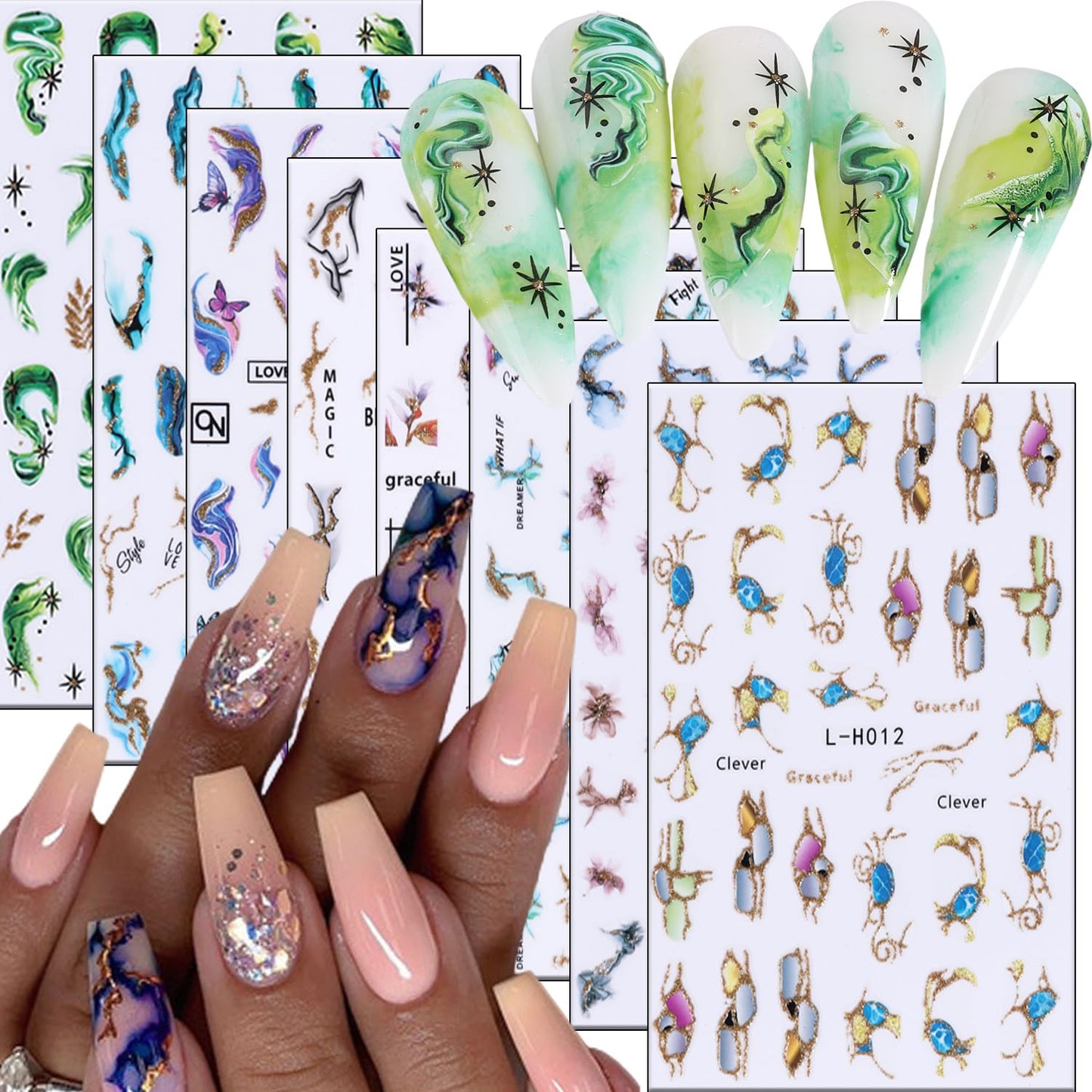 Liquid Butterfly Nail Art Sticker Decals Black Gold Black Silver Butterfly Moon Design Nail Decals 3D Self-Adhesive Nail Art Supplies Heart Nail Art Sticker Decoration for Women Manicure Supplies BST326L