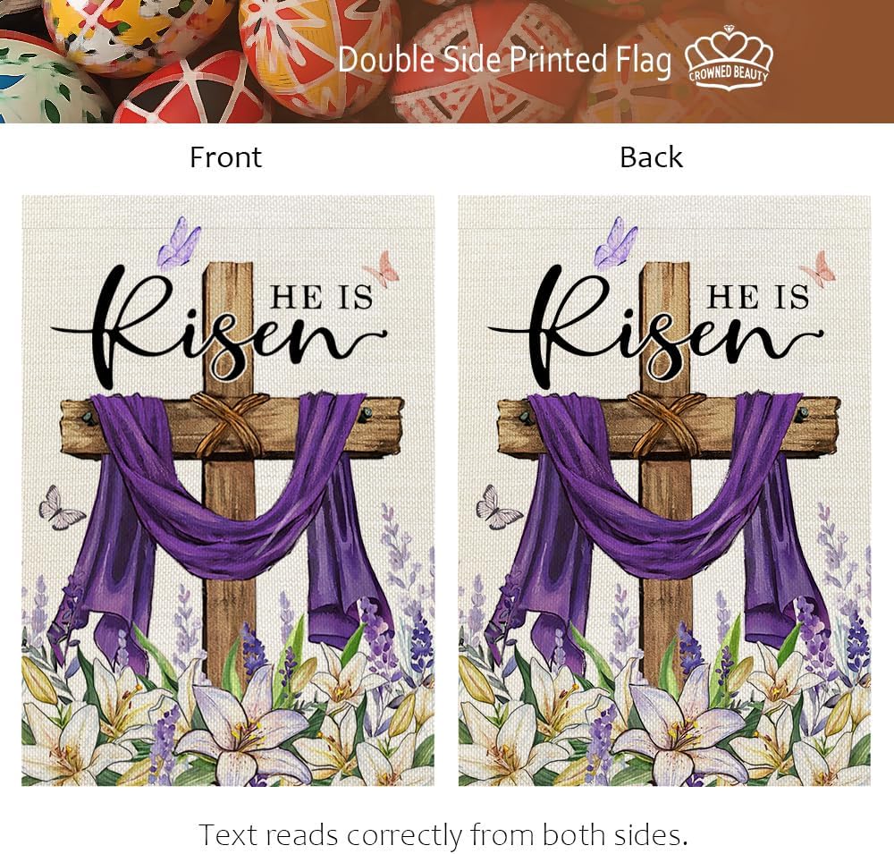 CROWNED BEAUTY Easter Garden Flag He is Risen 12x18 Inch Double Sided Holiday Decoration for Outdoor Lawn Yard WN420
