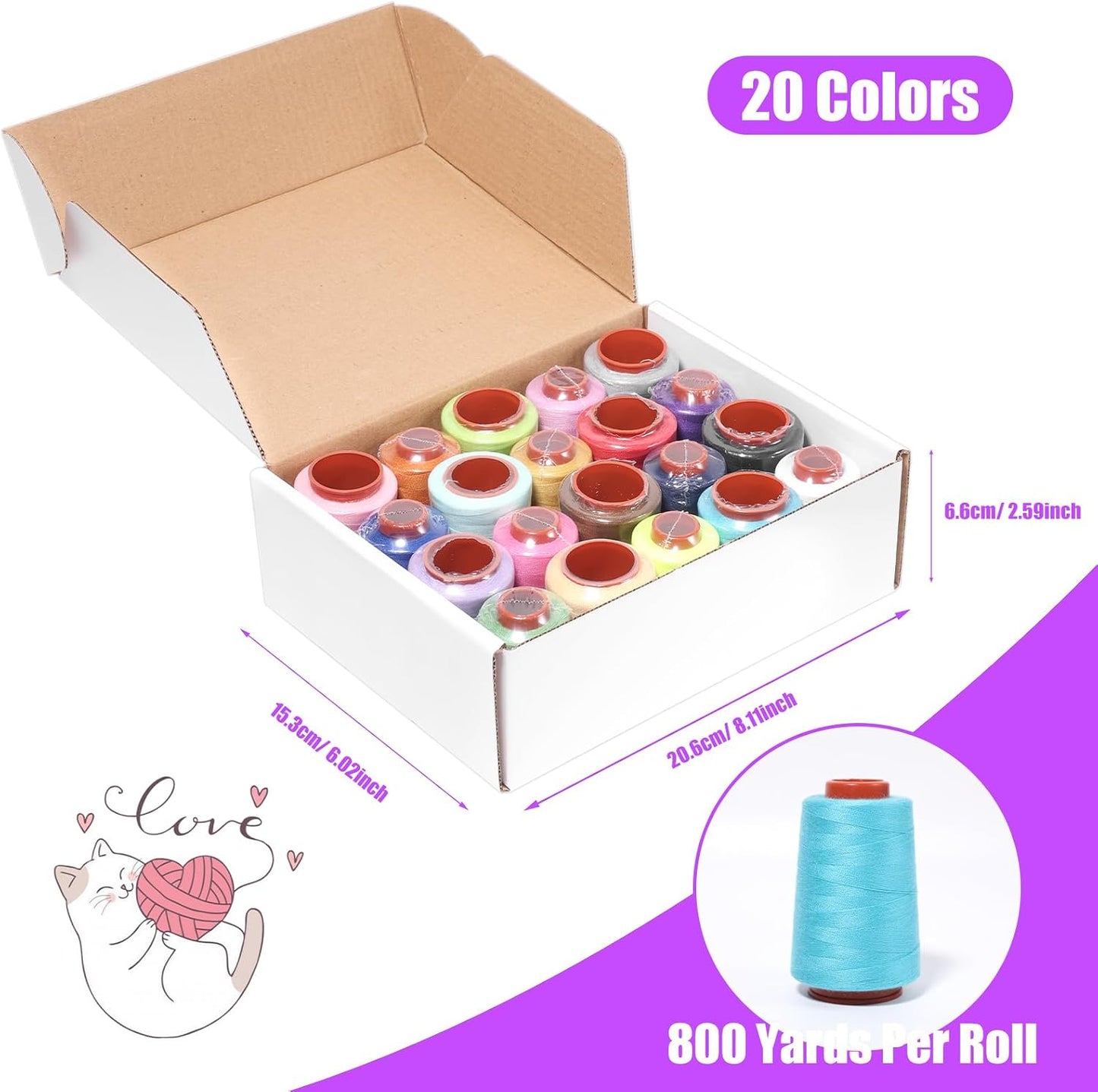 20 Pcs Sewing Embroidery Thread Kit, Each 800Y of Polyester Threads for Sewing Machine, All Purpose Color Sewing Thread of Polyester Threads for Sewing Machine, Hand Stitching, Quilting, Serger BST326H