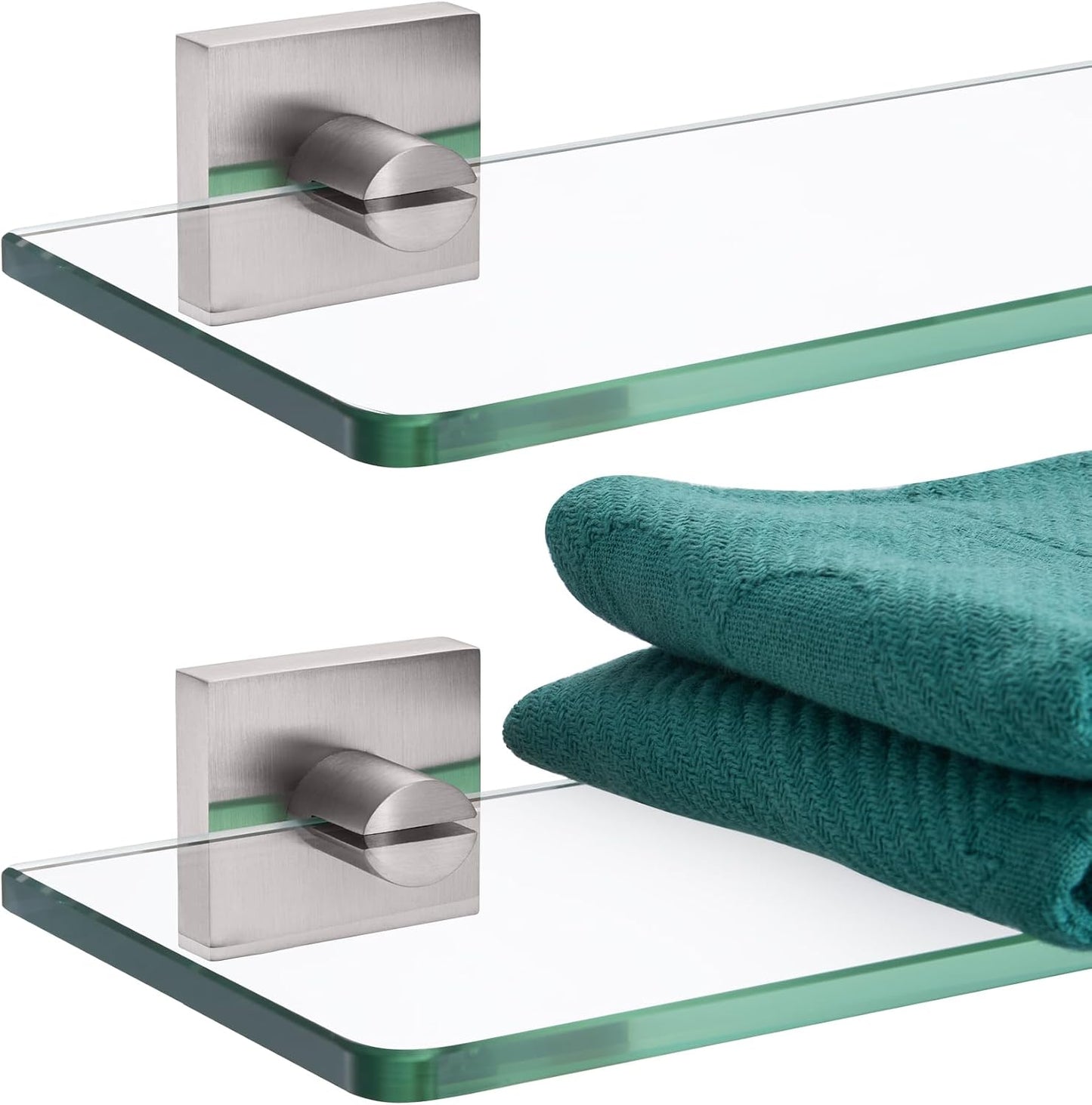 KOKOSIRI Glass Shelf for Bathrooms Floating Shelves Wall Mount 16-Inch for Shower Storage Kitchen Rack, 2 Pack Brushed Stainless Steel B1107BR-L16-P2 BST202