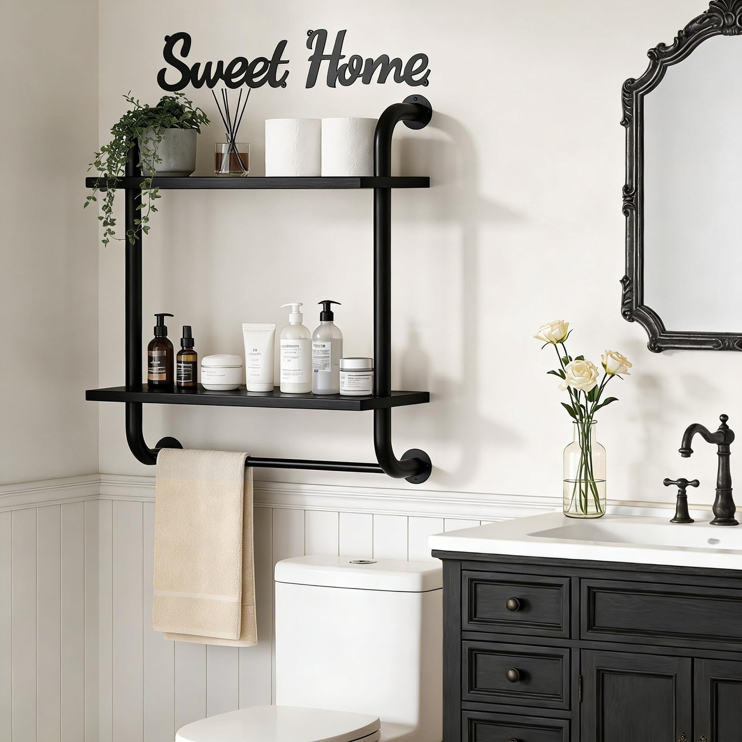 Tinpin Bathroom Shelves Wall Mounted, Rustic Farmhouse Pipe Shelves, Walls Shelf 3-Tier, Industrial Pipe Shelving, Floating Shelf Wall Decor for Bathroom, Kitchen, Bedroom, Living Room 17.3in Black DD1210