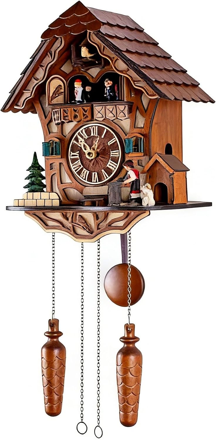 Black Forest Wooden Cuckoo Clock with Dancing Figures, Quartz Wall Clock | Nature Wood; Volume Control; Night Silent DD1210