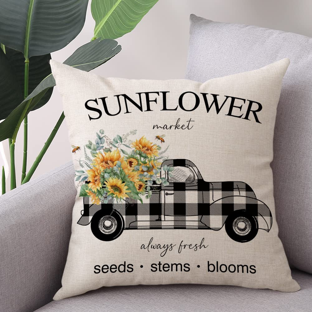 Spring Easter Pillow Covers 18x18 Set of 2 Rabbit Bunny Carrot Truck Spring Flowers Decorative Throw Pillow Covers for Home Office Sofa Bed Couch BST326L