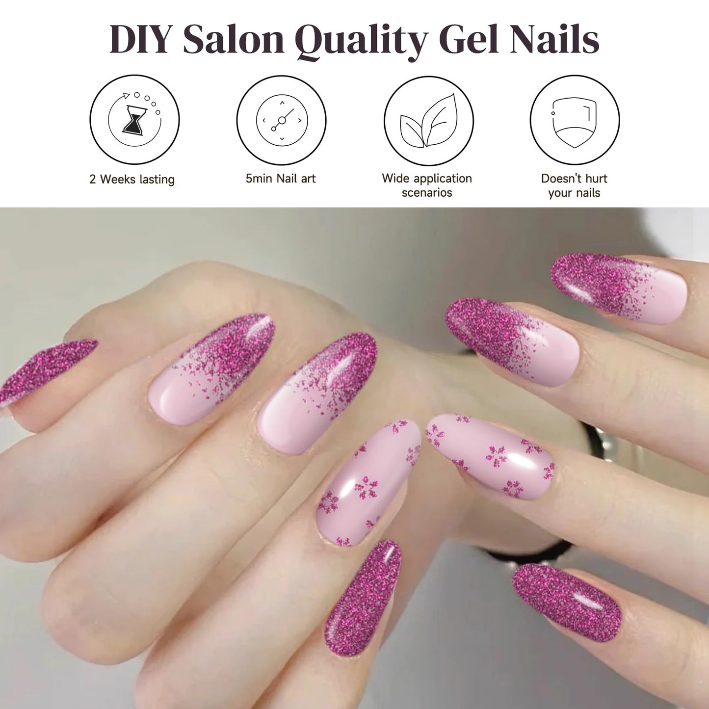 Semi Cured Gel Nail Strips, 56Pcs Nail Art Stickers/Wraps, Long Lasting UV Nail Polish Strips for Adults (Silver Rhinestones+French Tip Glitter) BST220