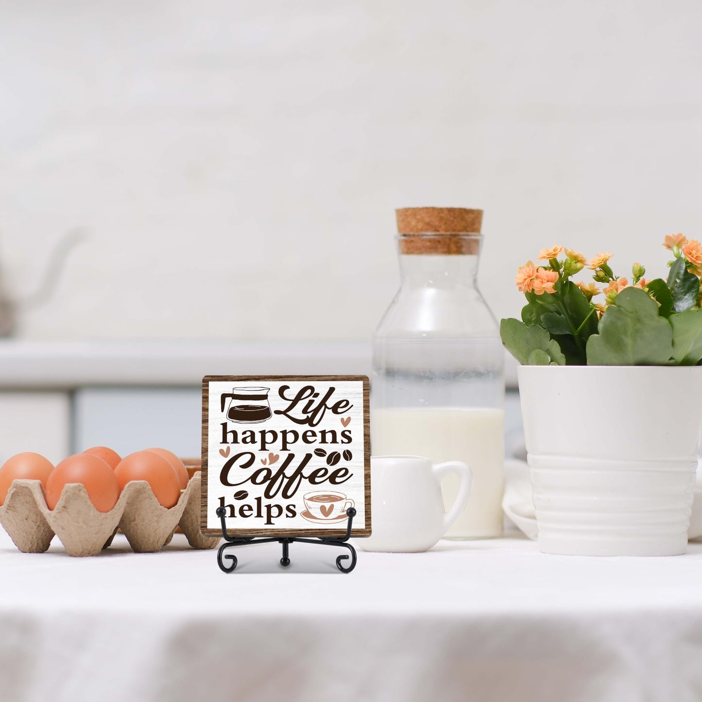 Coffee Bar Decor, Farmhouse Kitchen Table Decor, Coffee Station Accessories, Wooden Decorative Sign with Iron Stand for Table Desk Shelf Display-E21 BST220