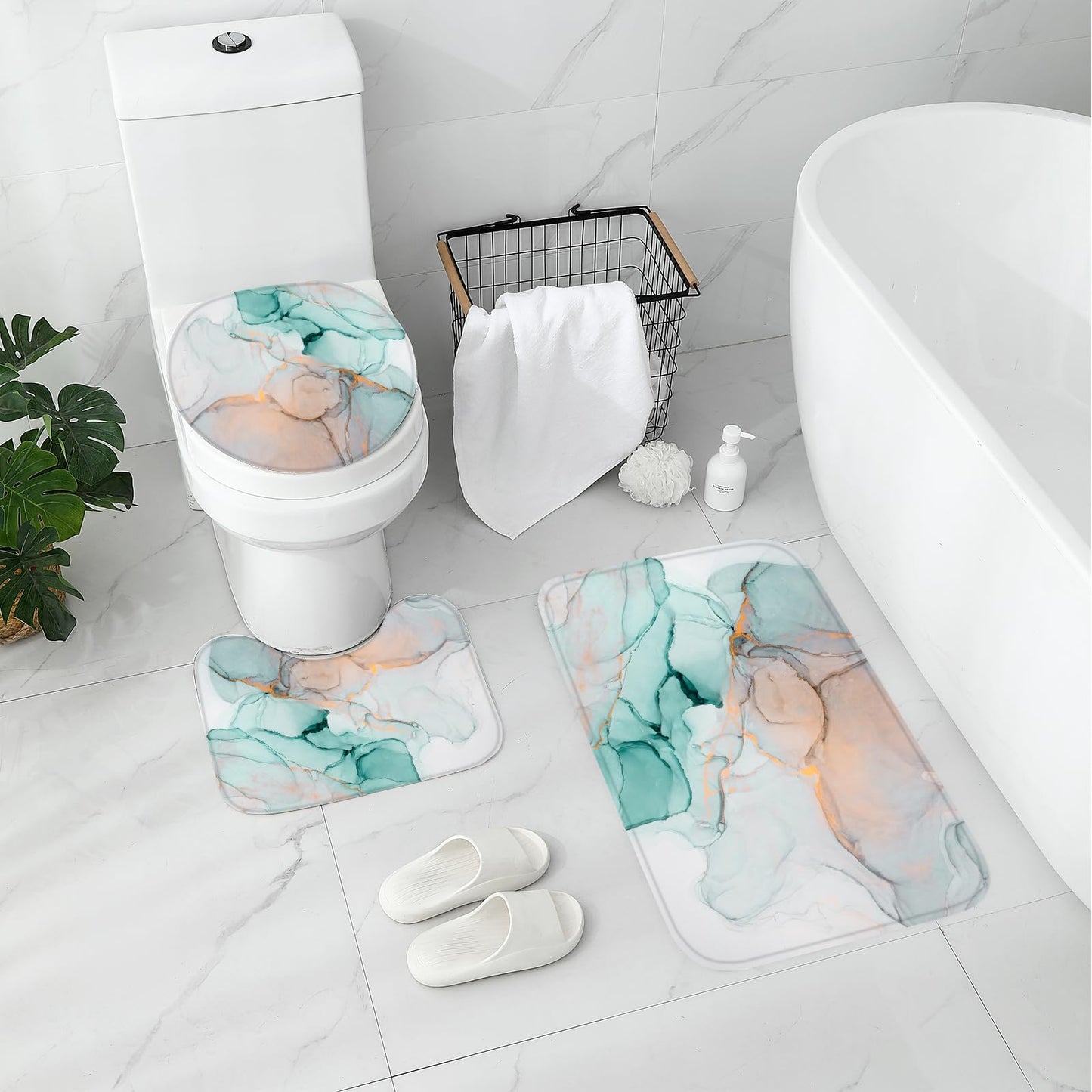 Gibelle 4 Pcs Bathroom Shower Curtain Set with Non-Slip Rugs, Toilet Lid Cover and Bath Mat, Grey Blue Marble Bathroom Decor Set with Shower Curtain and Rugs and Accessories BST326H