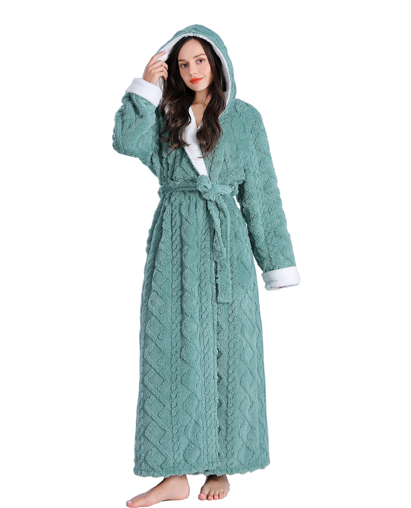LKG women's robes long plush hooded ladies shower luxury christmas warm fuzzy robes house coat bathrobe for women full length WN420